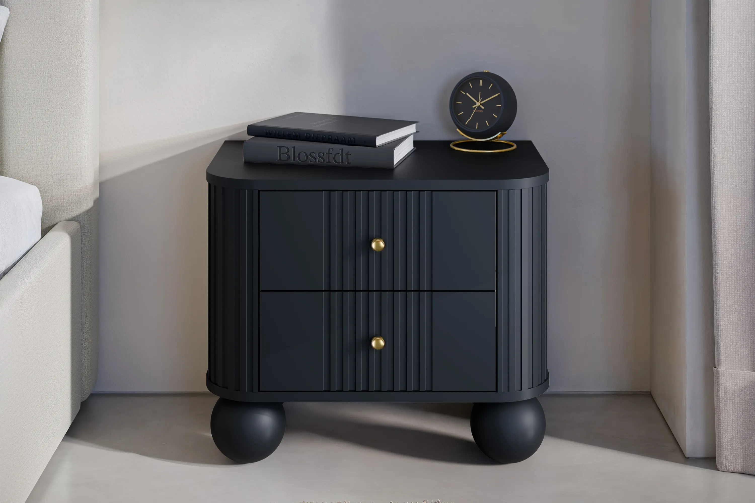 Szafka nocna z 2 szufladami VESPER 56 zestaw 2 sztuk ryflowany front czarny złote uchwyty nogi kule - B_163847