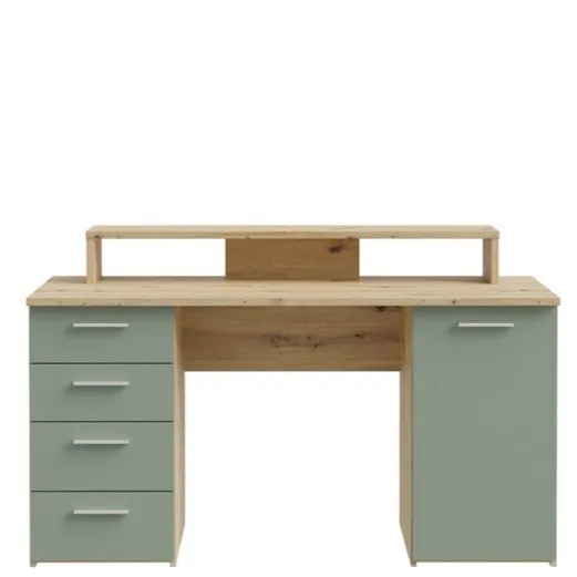 Biurko NET106 z szafką, 4 szufladami i nadstawką - dąb artisan, miętowy - MT980-M888