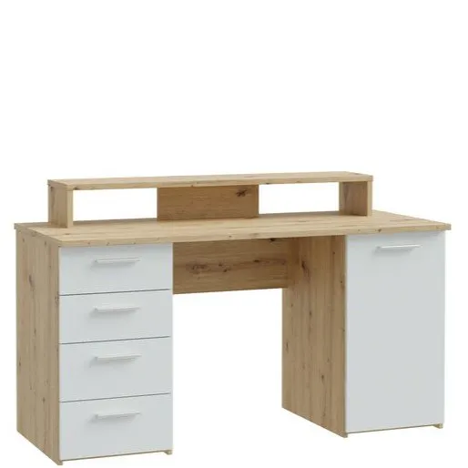 Biurko NET106 z szafką, 4 szufladami i nadstawką na komputer- biały, jasoszary