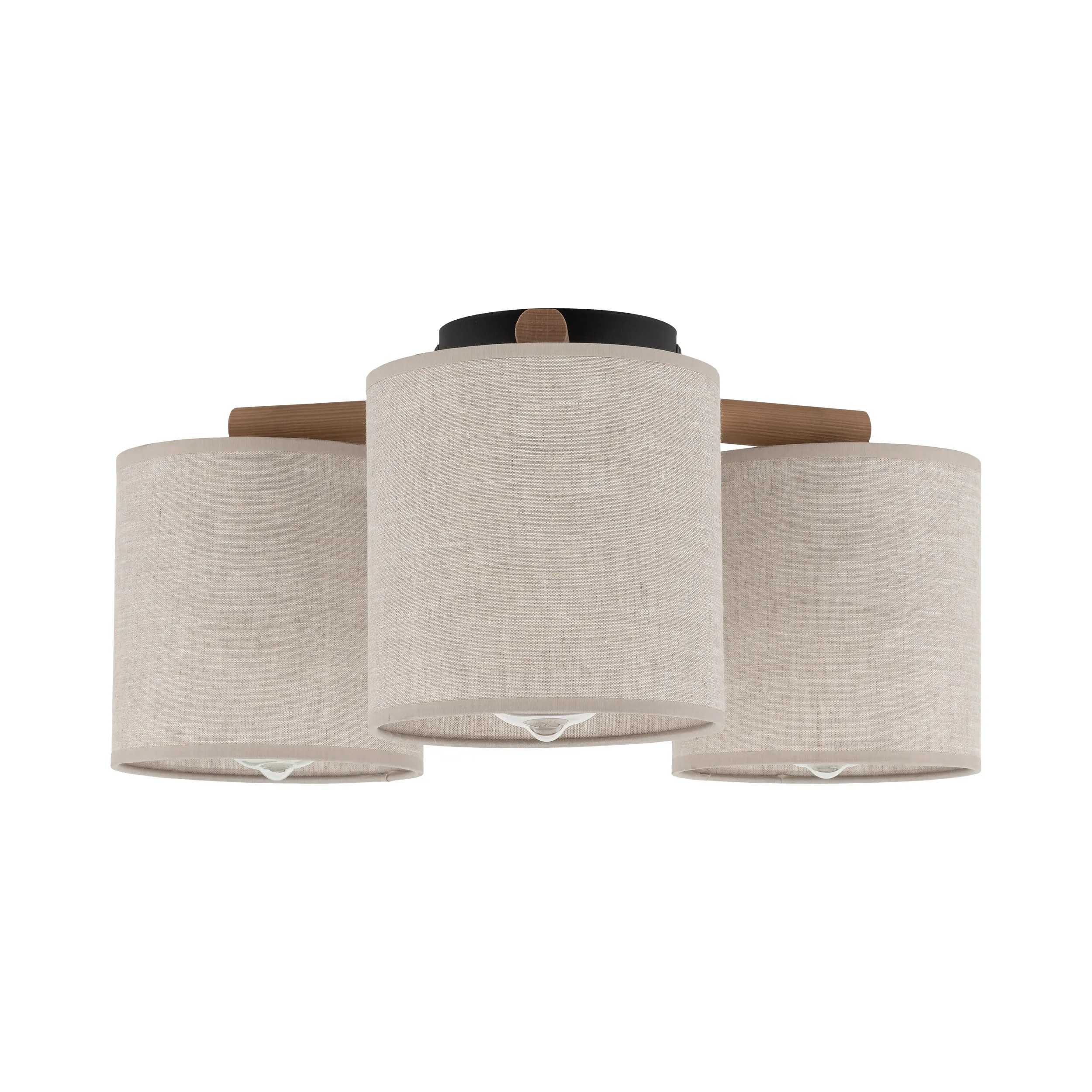 Lampa sufitowa DEVA NATURE czarna podstawa drewniane elementy trzy okrągłe beżowe klosze z tkaniny 45x22cm