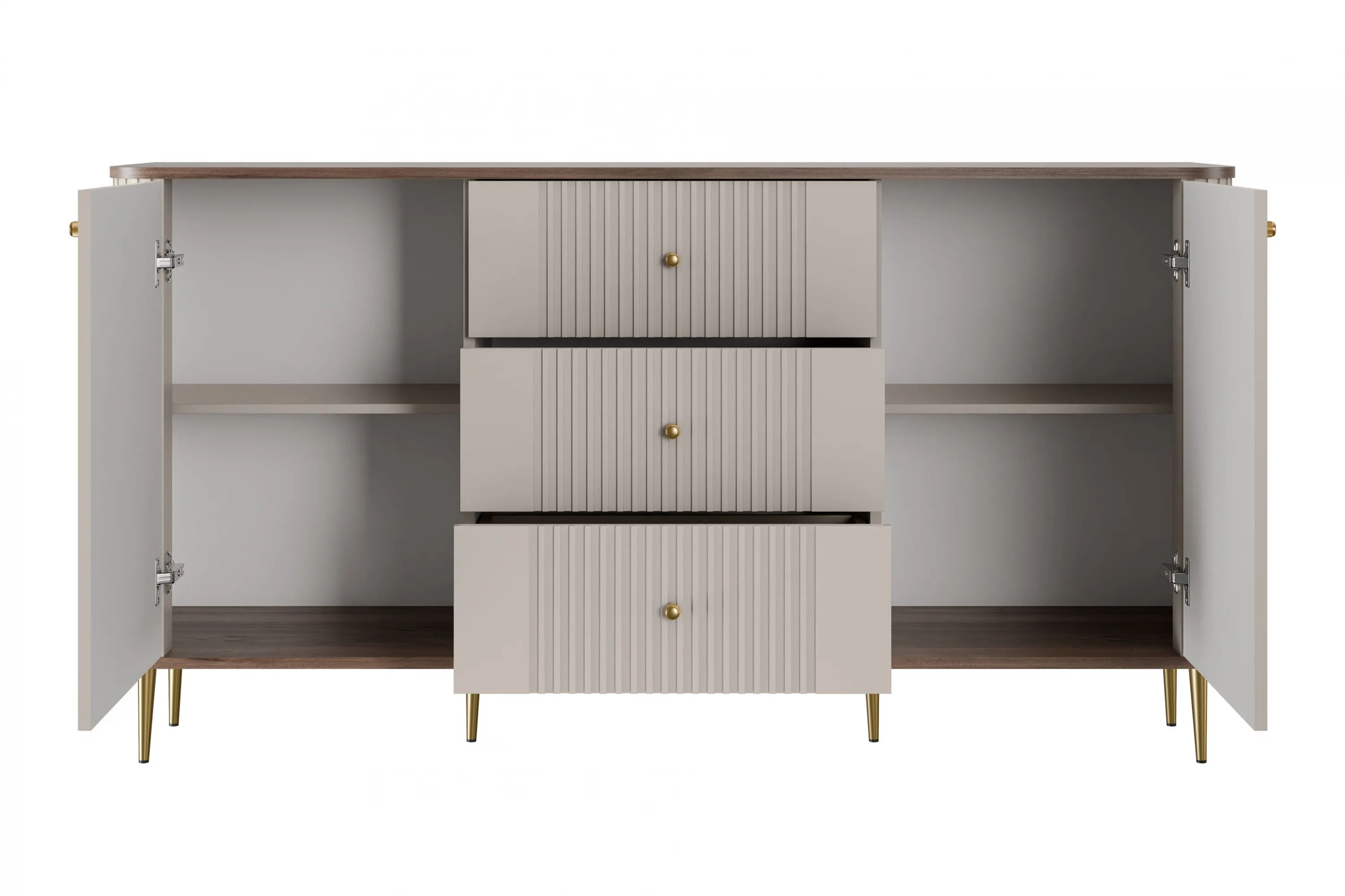 Komoda 2-drzwiowa z 3 szufladami VESPER 160 ryflowany front cashmere orzech złote nogi - B_163603