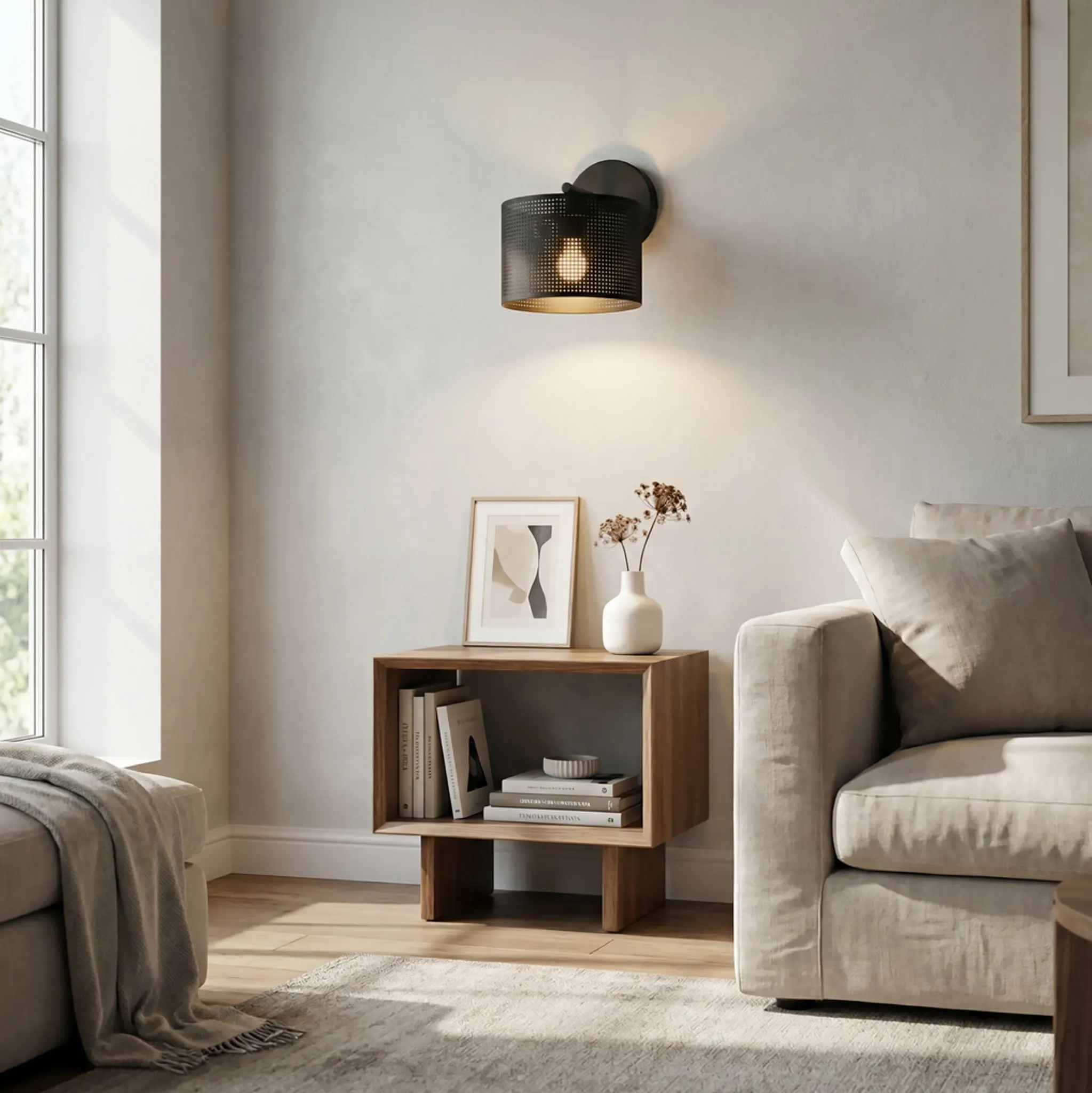 image lampa sufitowa, kinkiet, salon, drewniana półka, dekoracyjne