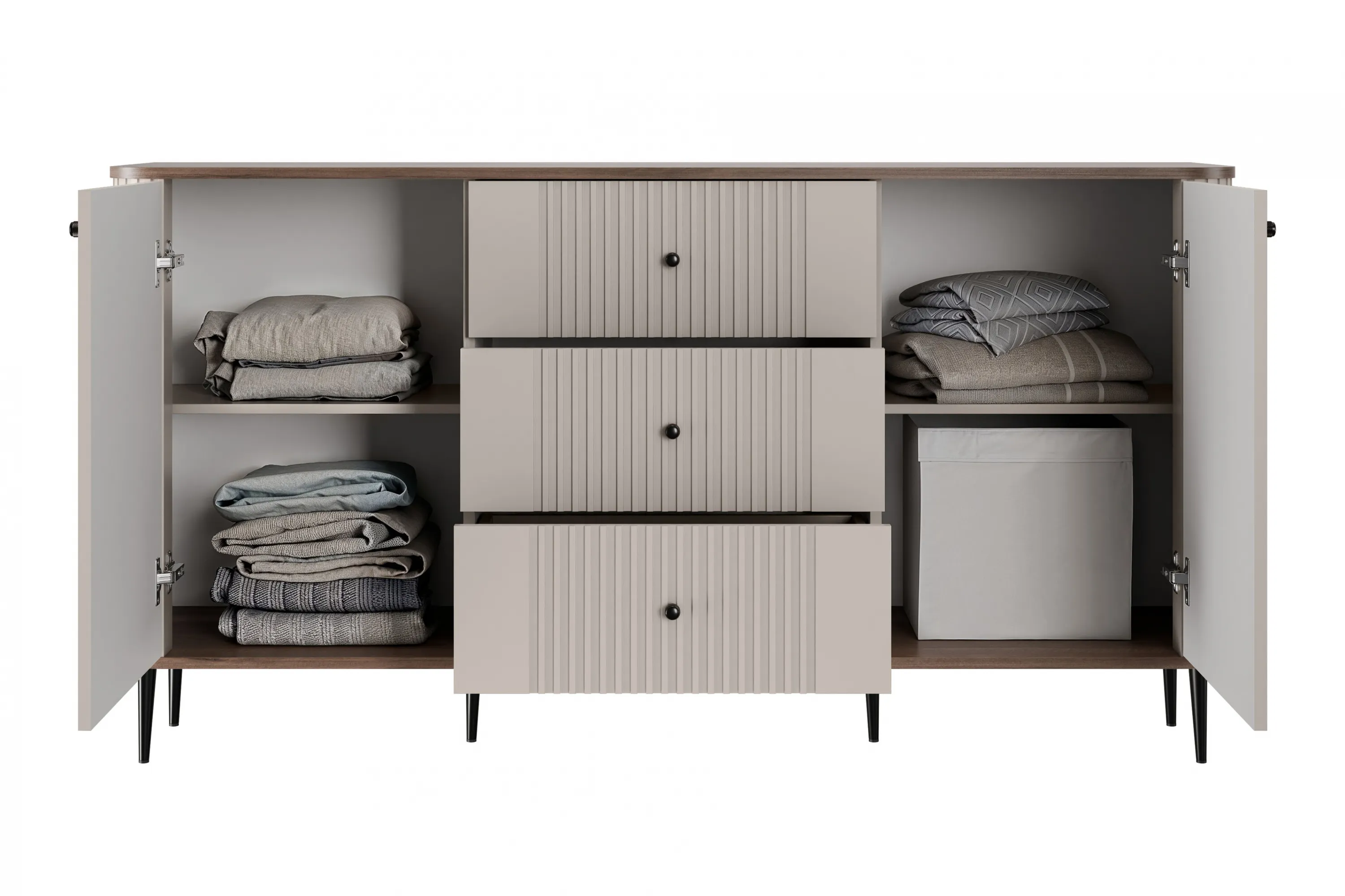 Komoda 2-drzwiowa z 3 szufladami VESPER 160 ryflowany front cashmere orzech czarne nogi - B_163604