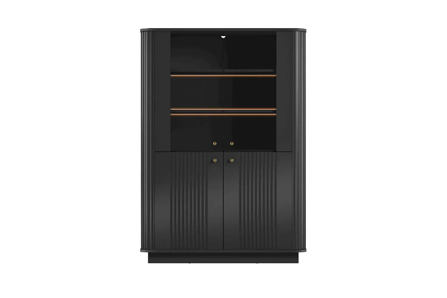 Witryna 4-drzwiowa VESPER z oświetleniem ryflowany front - czarny złote uchwyty cokół - B_169478