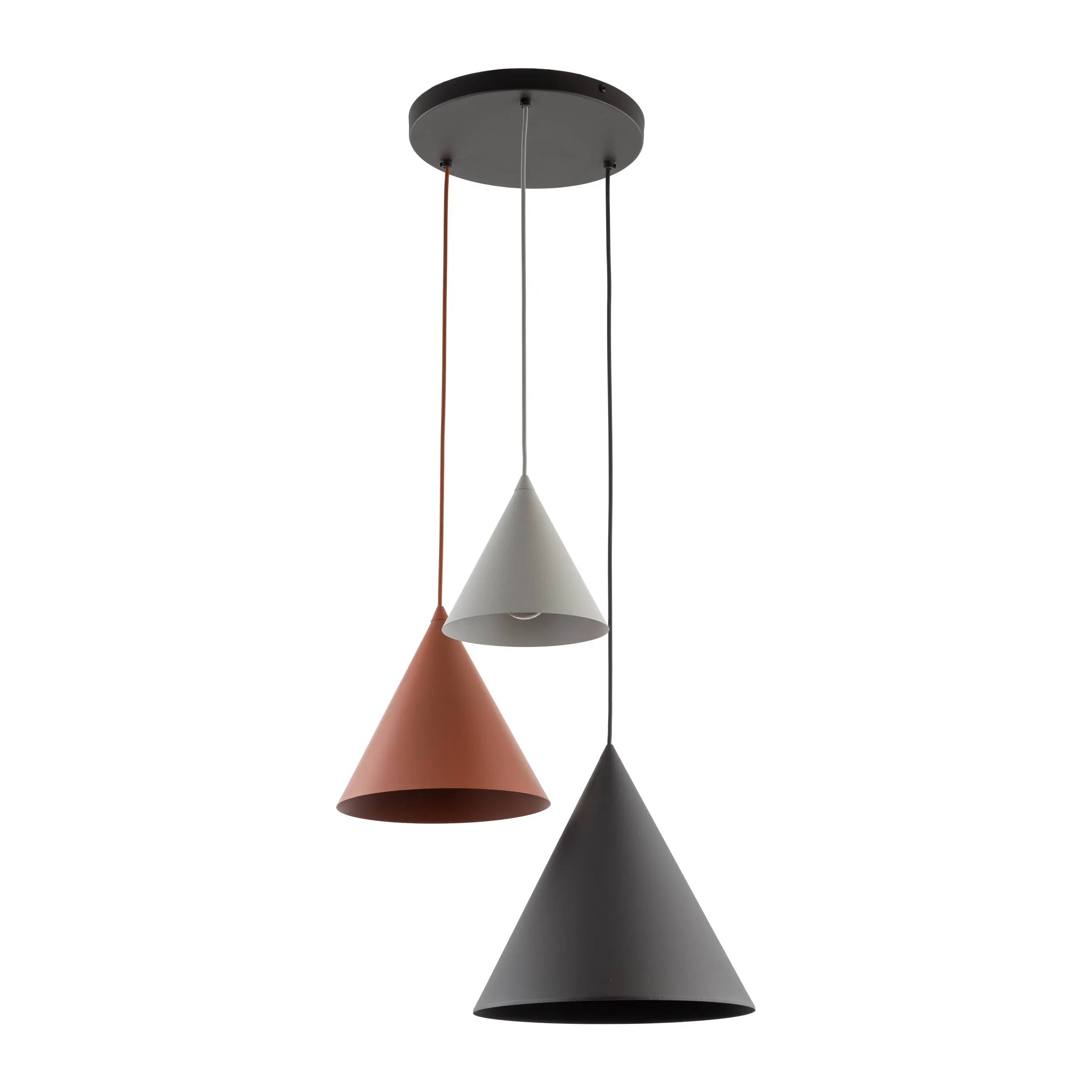Lampa wisząca CONO MIX czarna z różnokolorowymi beżowym ceglanym czarnym kloszami o różnych wymiarach 160x50cm