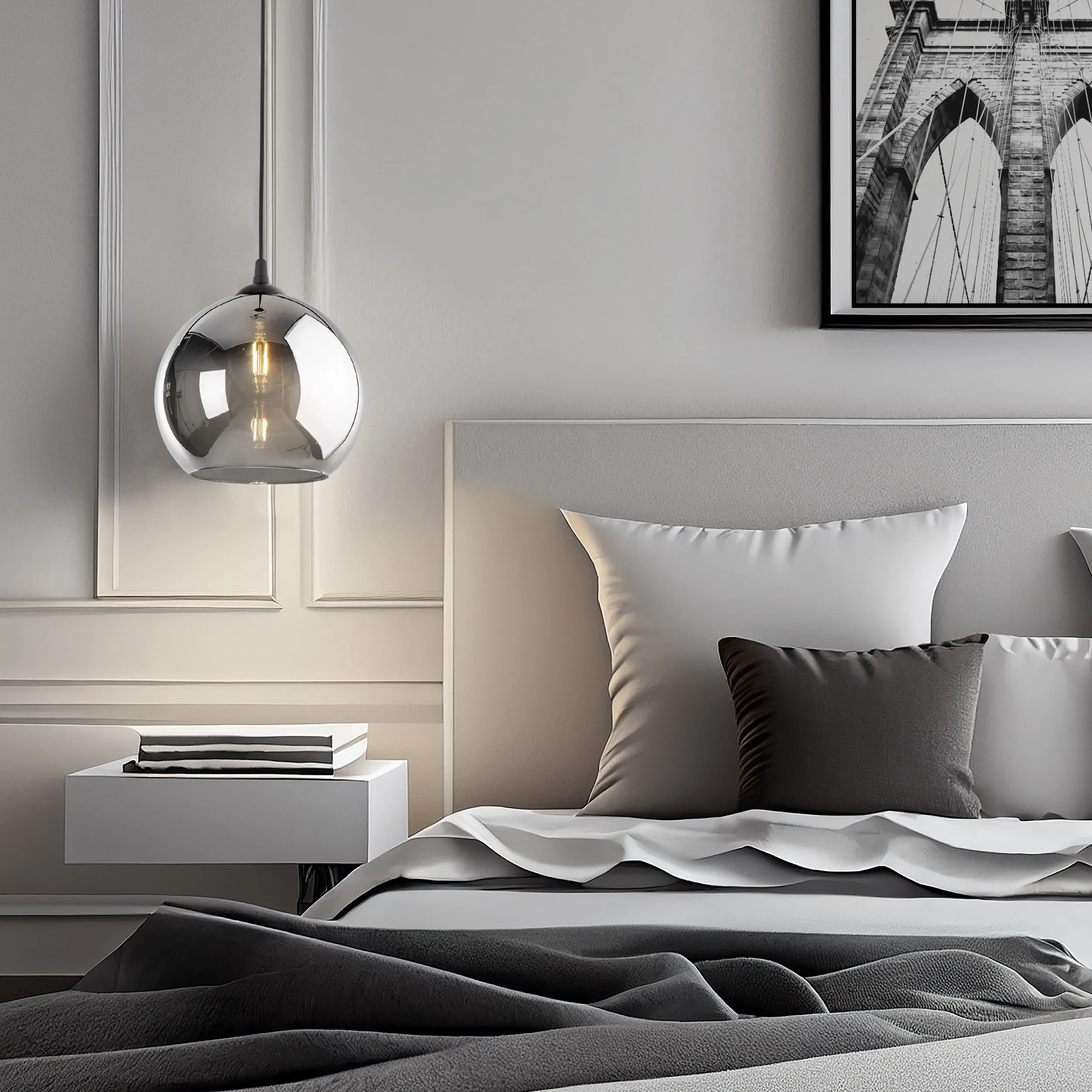 Lampa wisząca VENEZIA czarna z szarym lustrzanym okrągłym szklanym kloszem 115x30cm - TK_5765