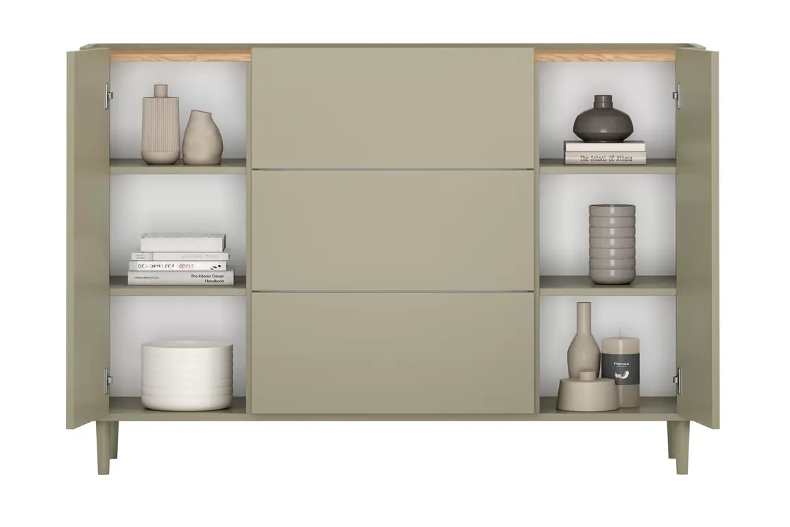 Komoda 2-drzwiowa z 3 szufladami ELIVO 150cm drewniane nóżki eukaliptus dąb baltic dune