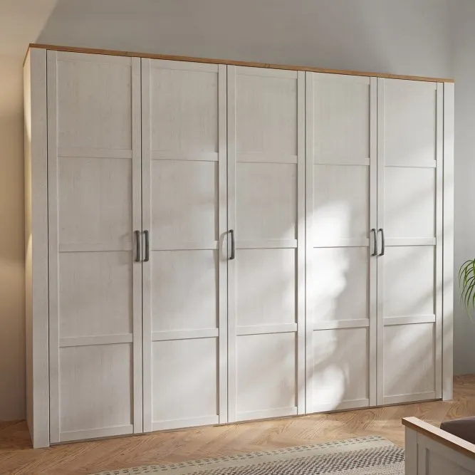 Szafa 5-drzwiowa z półkami i 2 drążkami CHISBURY - dąb riviera, modrzew jasny sibu - BHLS951-M482