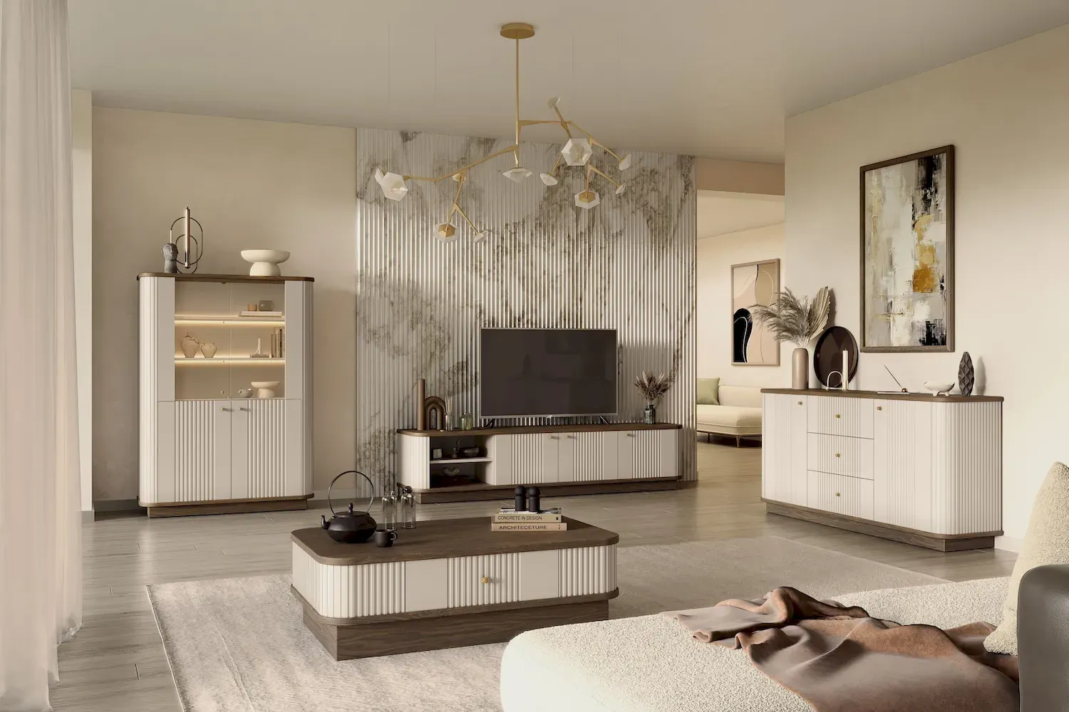 Komoda 2-drzwiowa z 3 szufladami VESPER 160 ryflowany front - cashmere orzech złote uchwyty cokół - B_169439