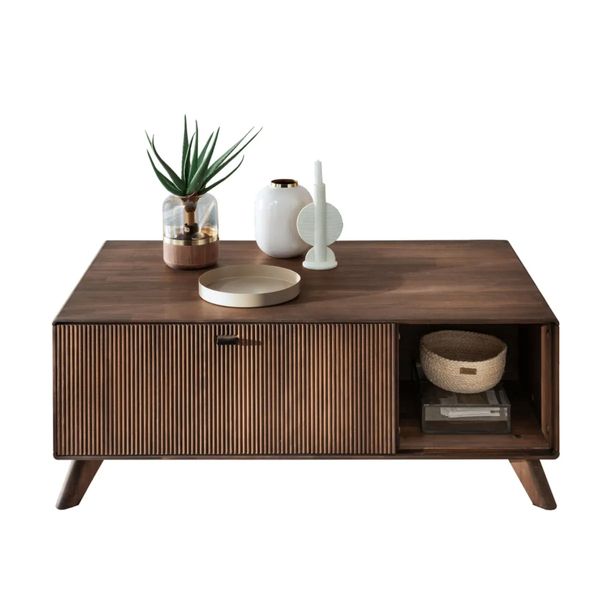 Stolik drewniany ryflowany BLISS 118x70 z półką i szafką Stolik drewniany ryflowany BLISS 118x70 z półką i szafką