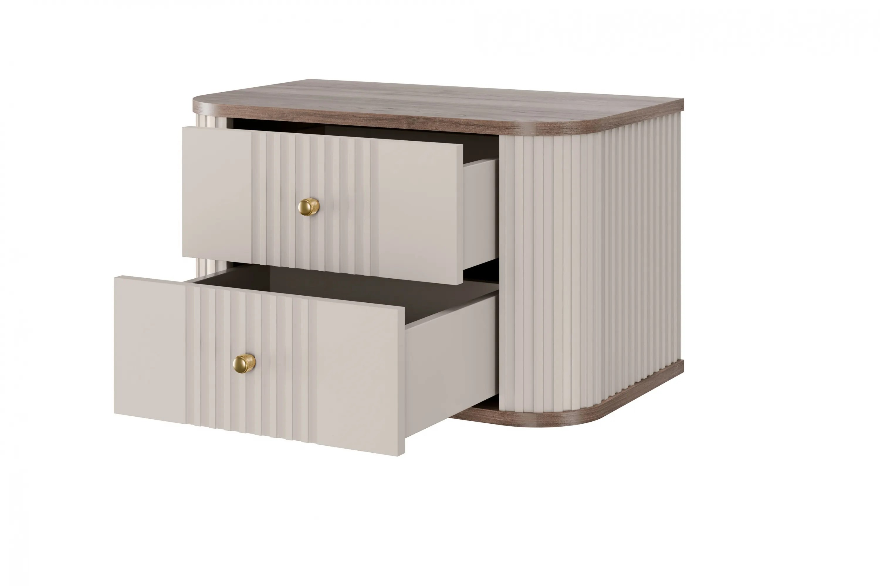 Szafka nocna wisząca z 2 szufladami VESPER 56 zestaw 2 sztuk ryflowany front cashmere orzech złote uchwyty - B_163840