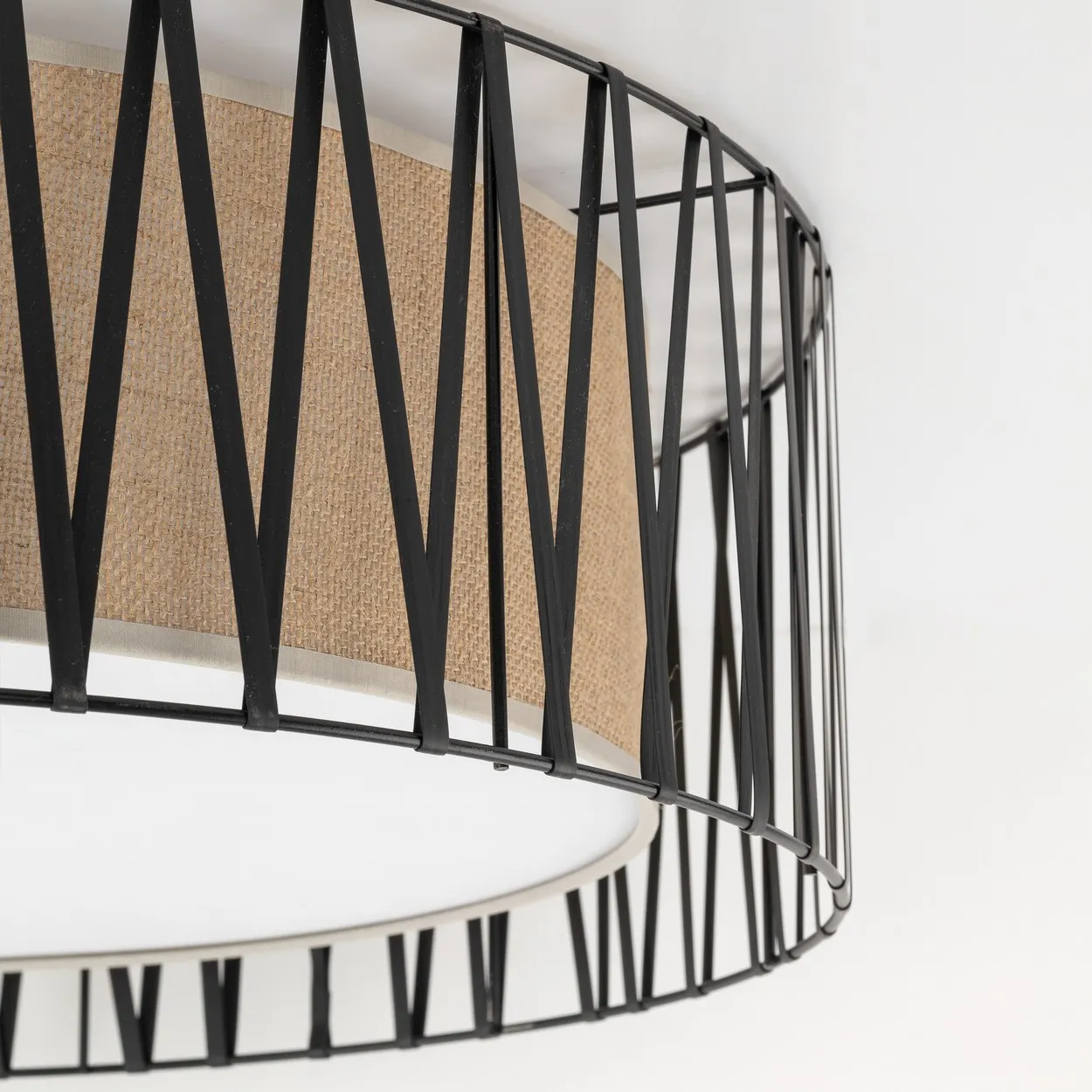 Lampa sufitowa HARMONY czarna tasiemka z brązowym kloszem z tkaniny plecionki okrągła 71x21cm - TK_4556