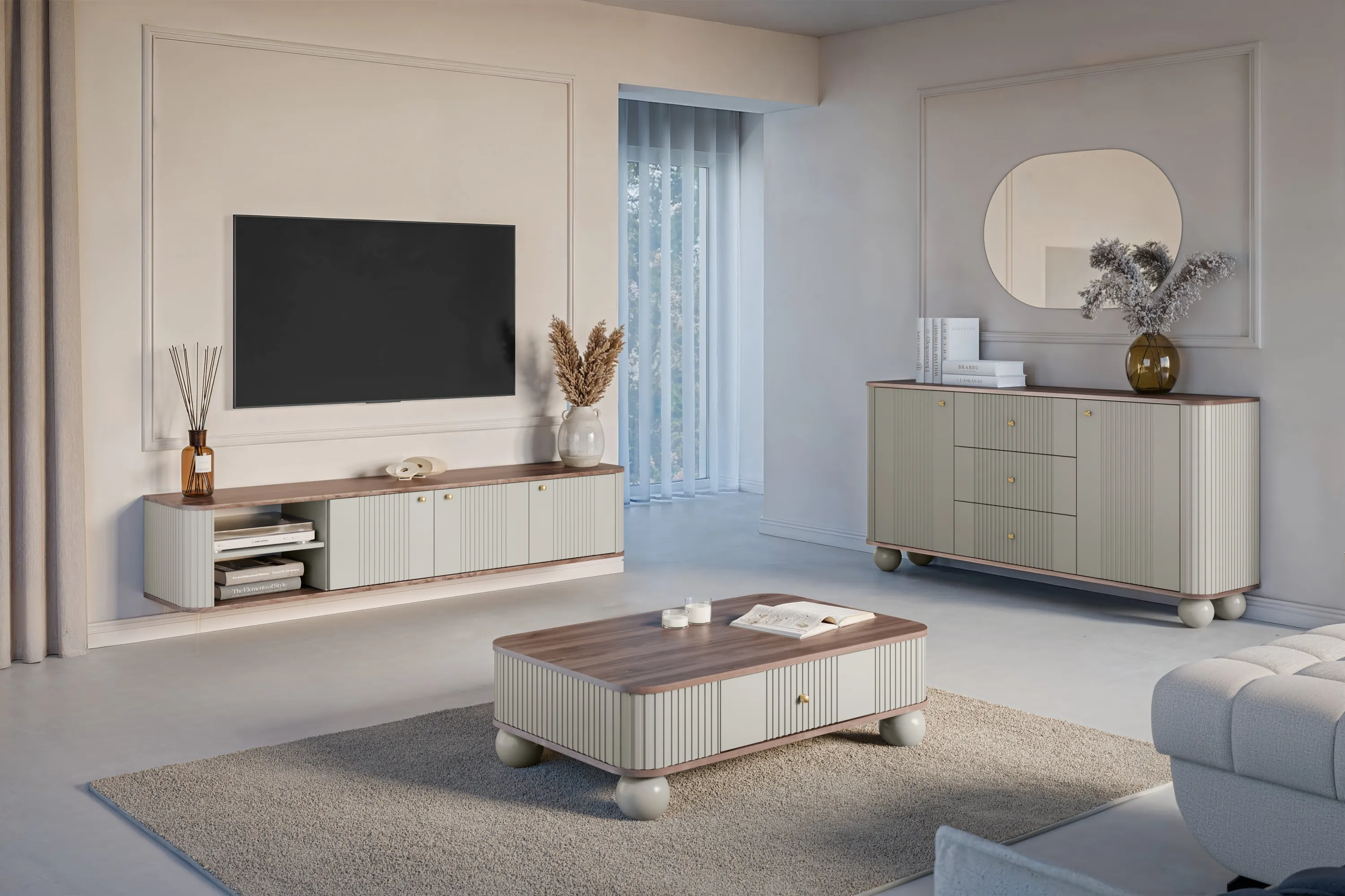 Szafka RTV wisząca 3-drzwiowa VESPER RTV 187 ryflowany front cashmere orzech złote uchwyty - B_163684