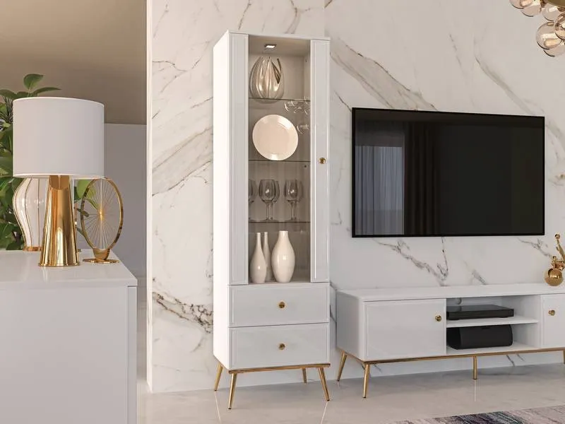 Witryna wąska 1-drzwiowa z 2 szufladami GOLDIN 02 biały połysk na złotych nogach z oświetleniem - 1GOLD02-001