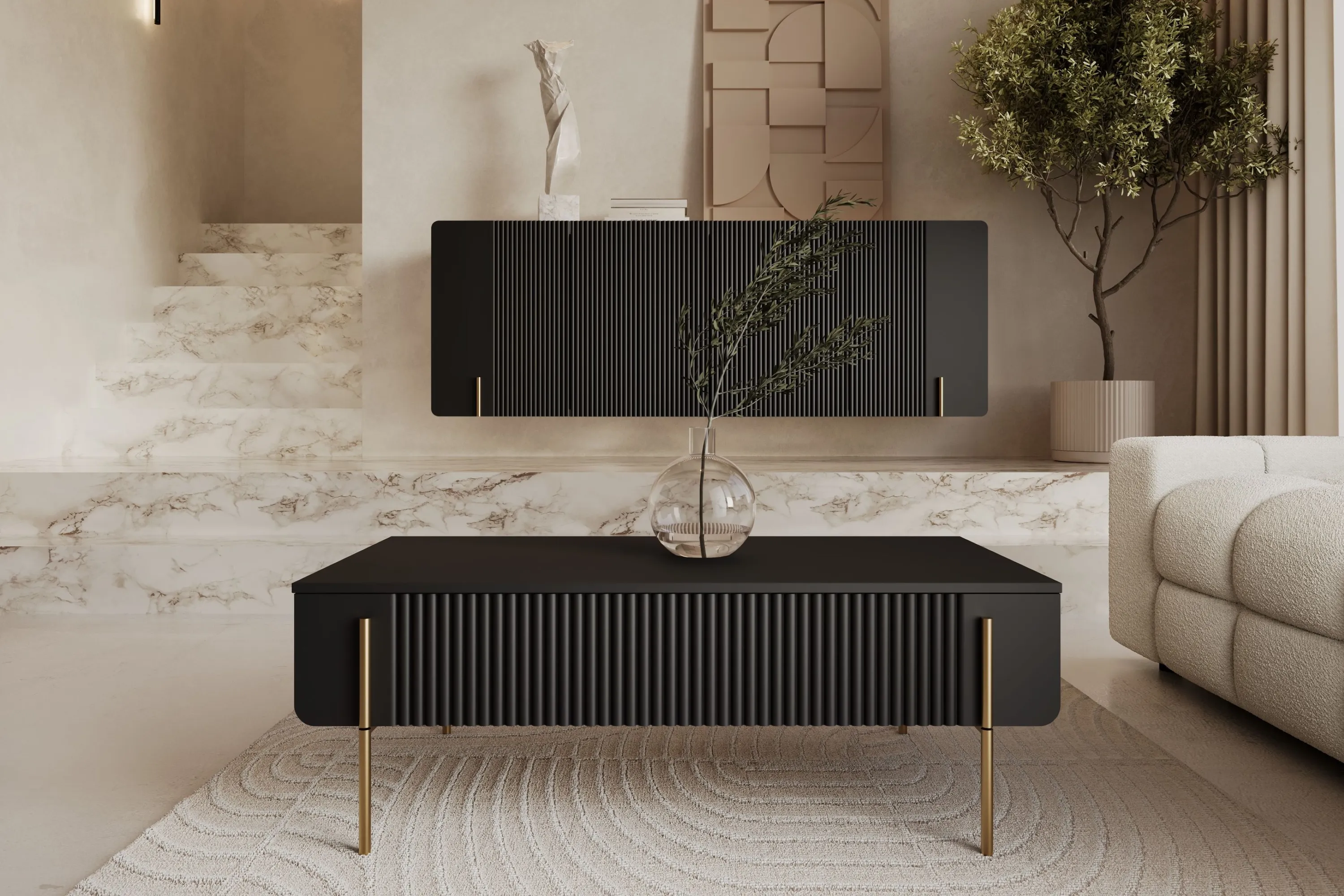 Stolik kawowy z 2 szufladami MALMI ryflowany front 60x100cm - czarny - złoty - B_166963