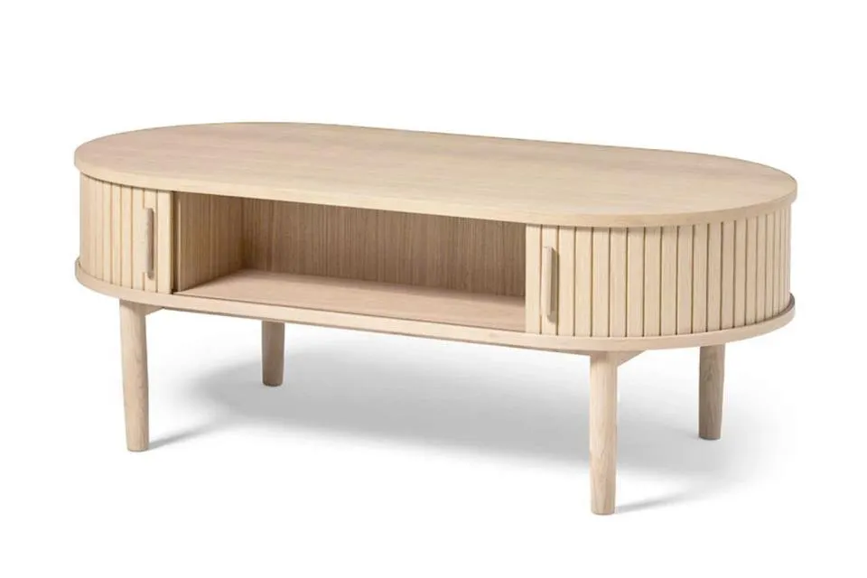 image stolik, drewniany, coffee table, ovalny blat, szafka środkowa