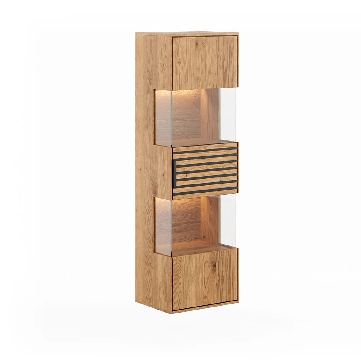 Witryna dębowa wisząca 1-drzwiowa lamele TIRANO Dąb olejowany, Czarny Półka, Drewno, Sklejka, Meble, Skrzynka pocztowa