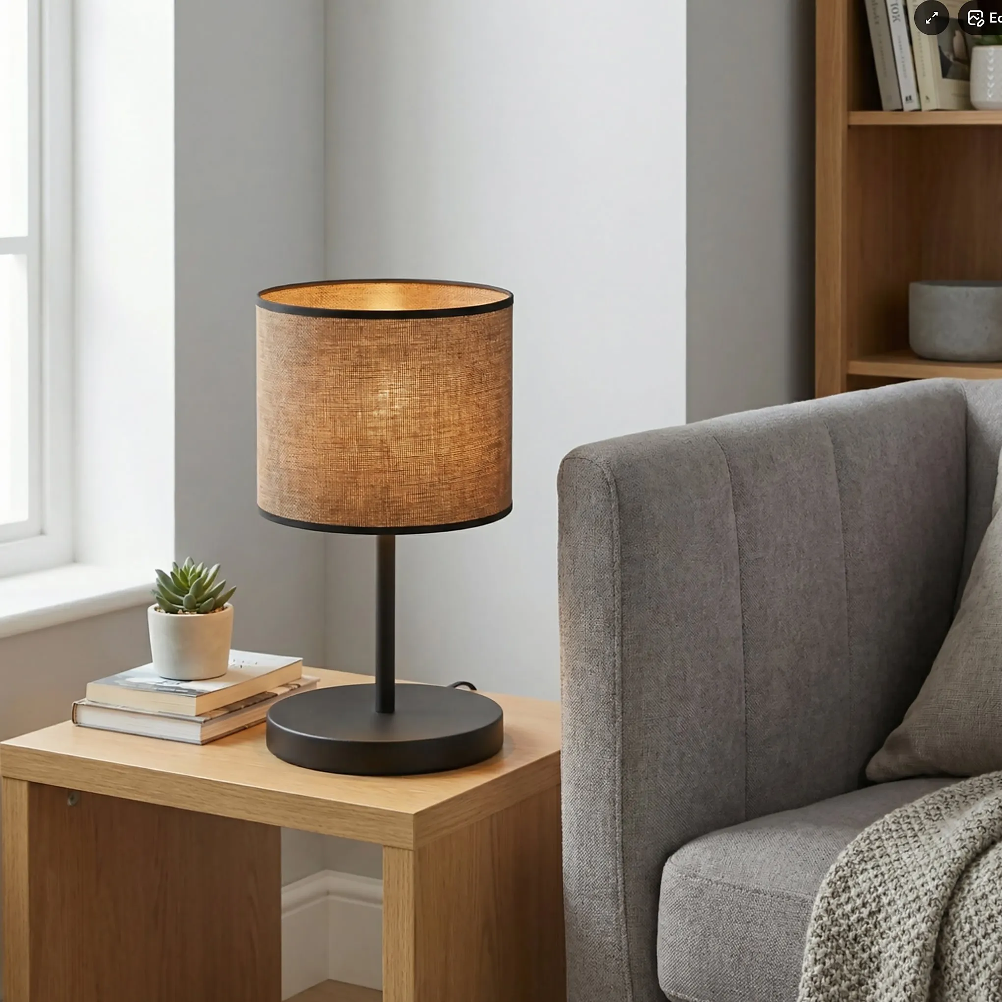 image lampa stołowa, lampa nocna, stolik nocny, sofa szara, drewniane meble