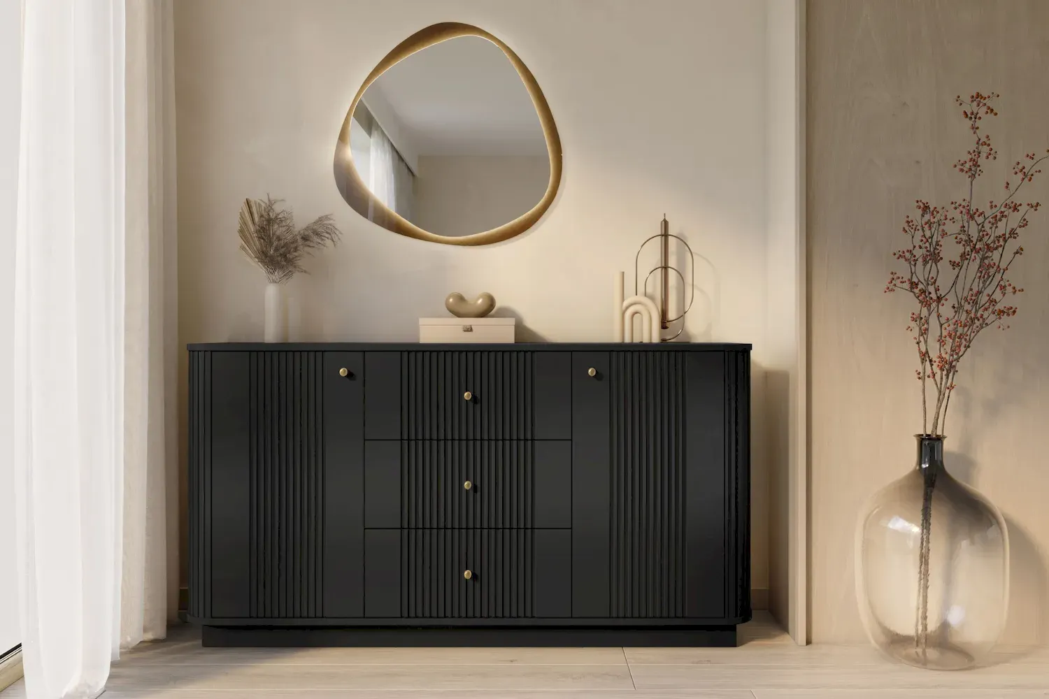 Komoda 2-drzwiowa z 3 szufladami VESPER 160 ryflowany front - czarny złote uchwyty cokół - B_169442