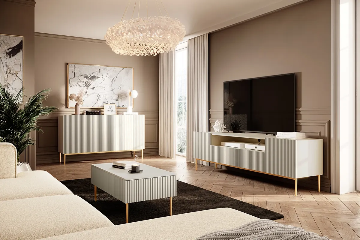 Komoda NICOLE 150 3-drzwiowa - kremowa / złoty stelaż - B_55552