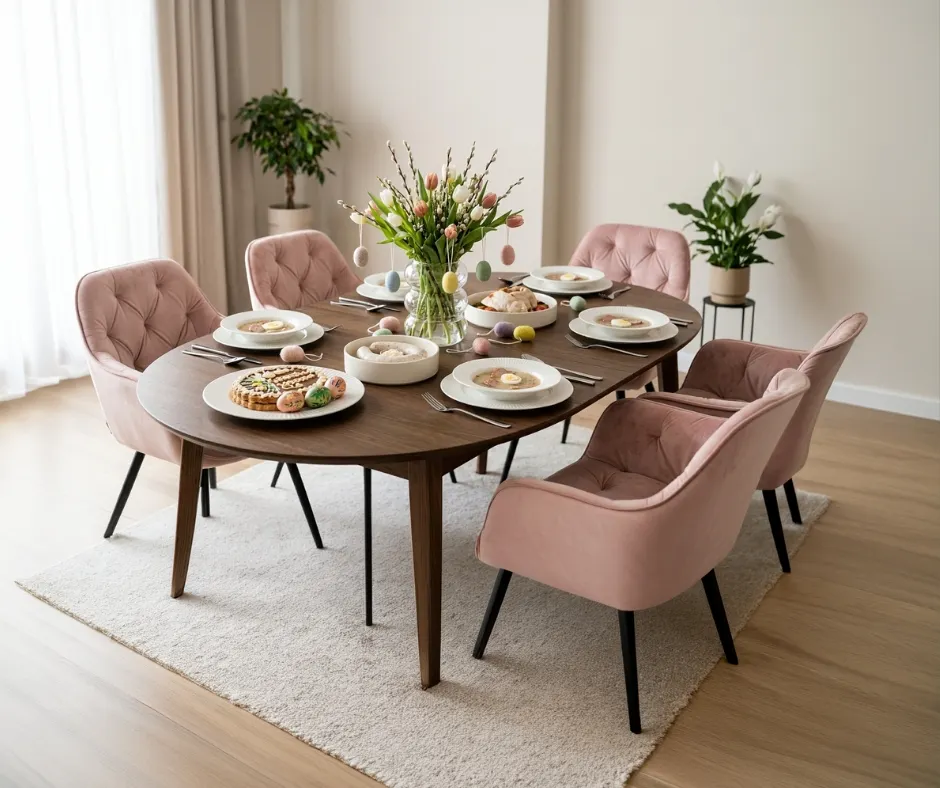 stół drewniany, kredensowy blat, 6 krzeseł, zestaw obiadowy, dekorowy wazon, stół drewniany, okrągły stół, krzesła różowe, dywan/podłoga pokryta, aranżacja stołu