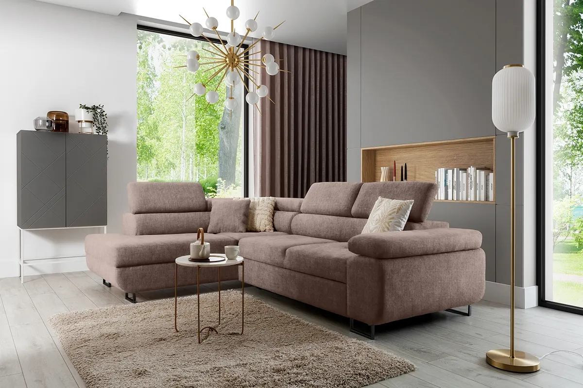 Narożnik lewostronny ANNABELLE L regulowane zagłówki nogi czarne tkanina Vogue 4 brązowy - B_165792