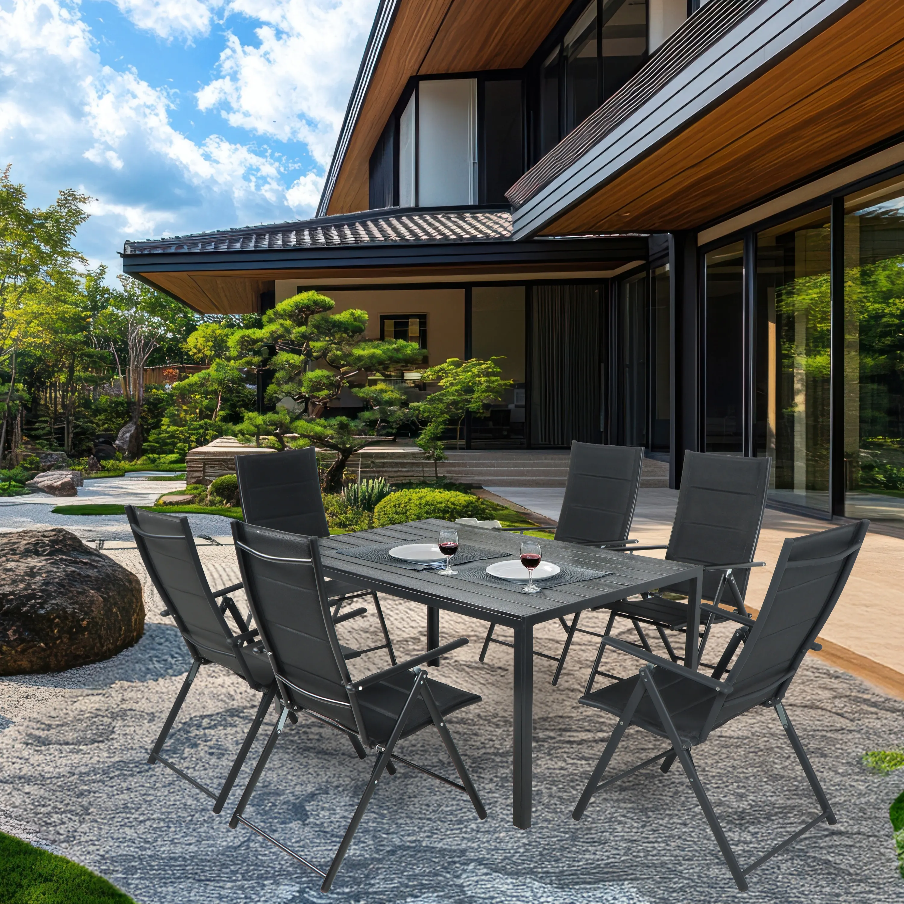 Zestaw Mebli Luxury stół 150x90cm + 6 składanych krzeseł czarny - DLG_92412