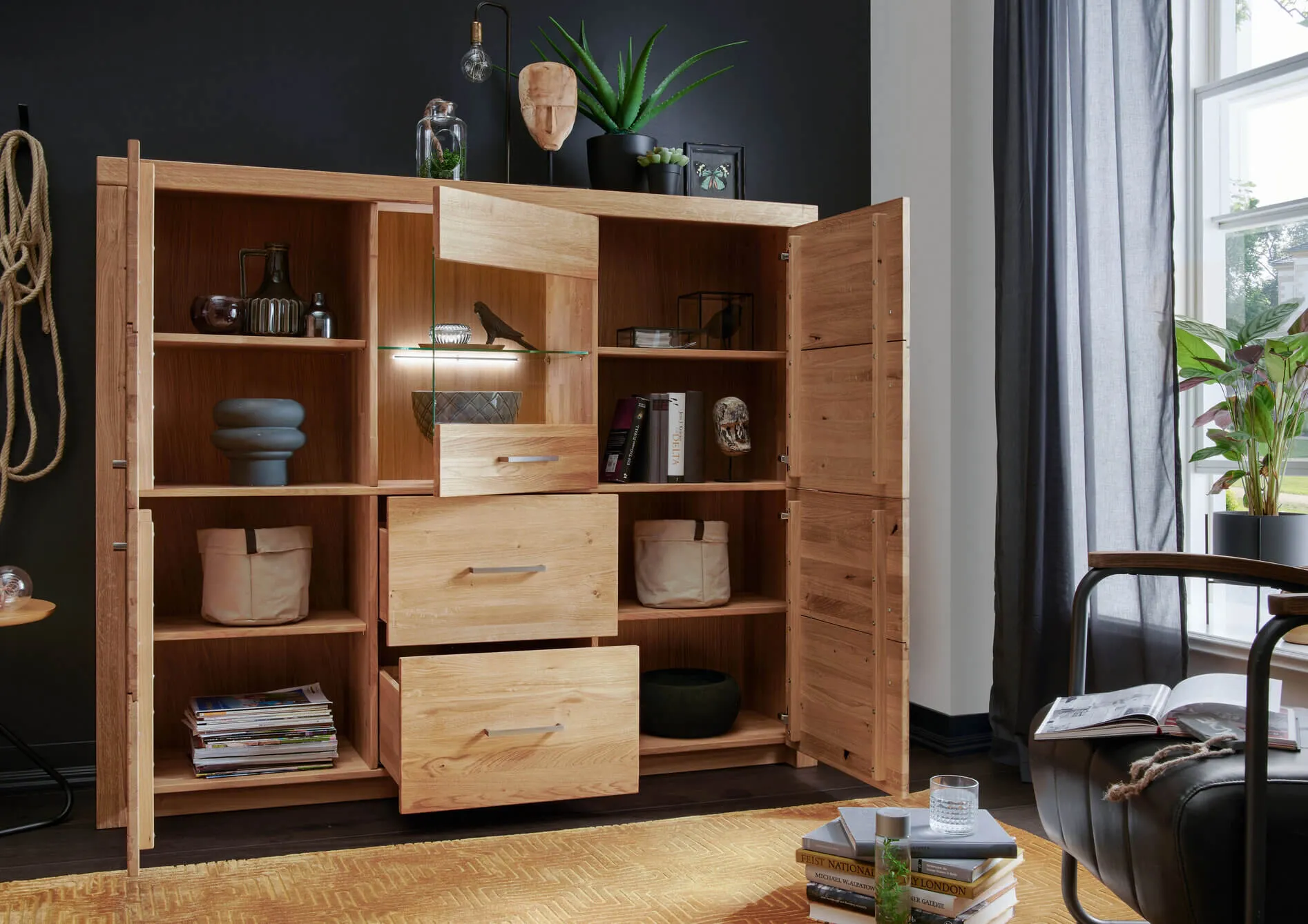 Kredens dębowy z przeszkleniem DOVE 170x141 z szufladami - GK_1031690501