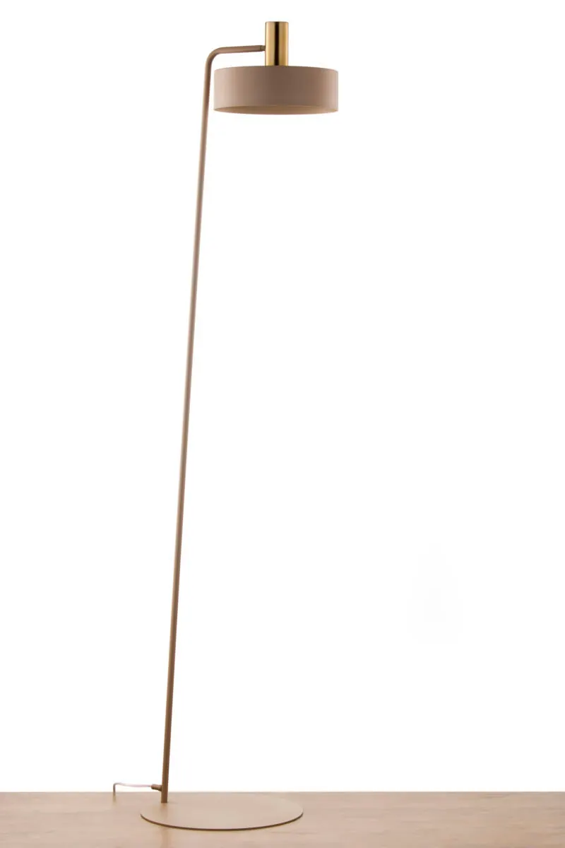 lampa stojąca, lampka podłogowa, metalowa podstawa, kolor beżowy, design lampa