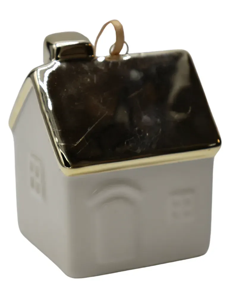 Zawieszka ceramiczna DOMEK ZE ZŁOTYM DACHEM biała