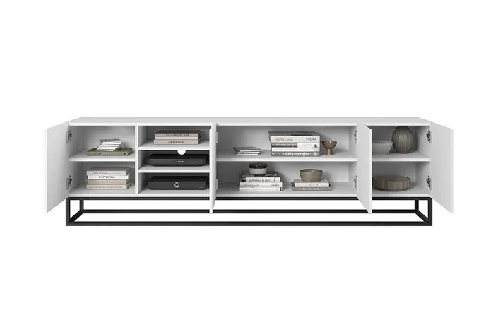 Szafka RTV ASHA 200 4D z wnęką - biały mat- ryflowany front - stelaż czarny - B_52531