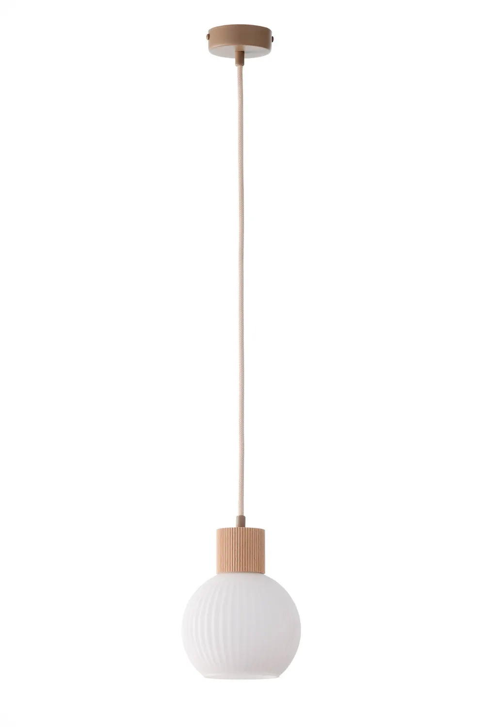 image lampa sufitowa, pendant light, kula, bawełniany kabel, pokrywa drewniana