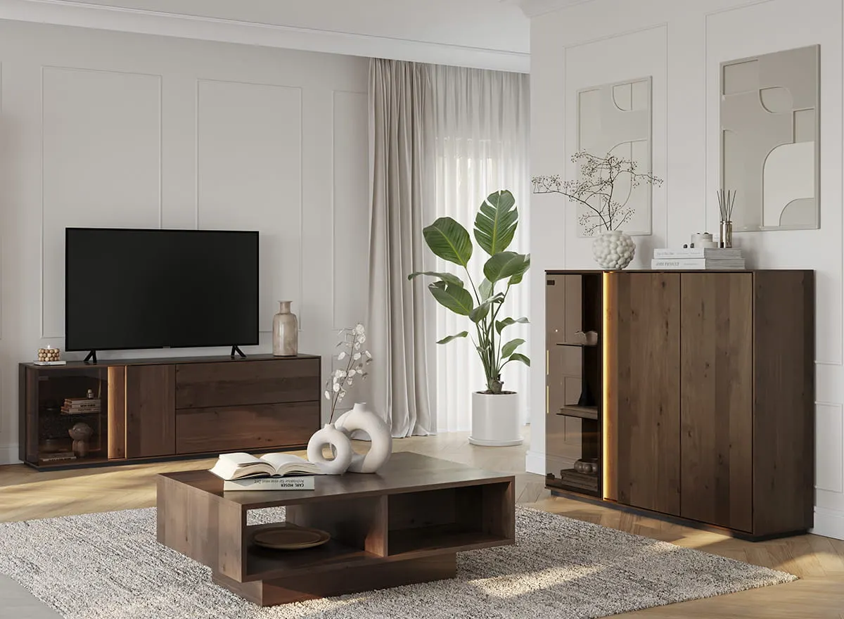 Komoda TV dębowa COLLODI z przeszkleniem i oświetleniem 185 cm - tabacco - ZICOL09T