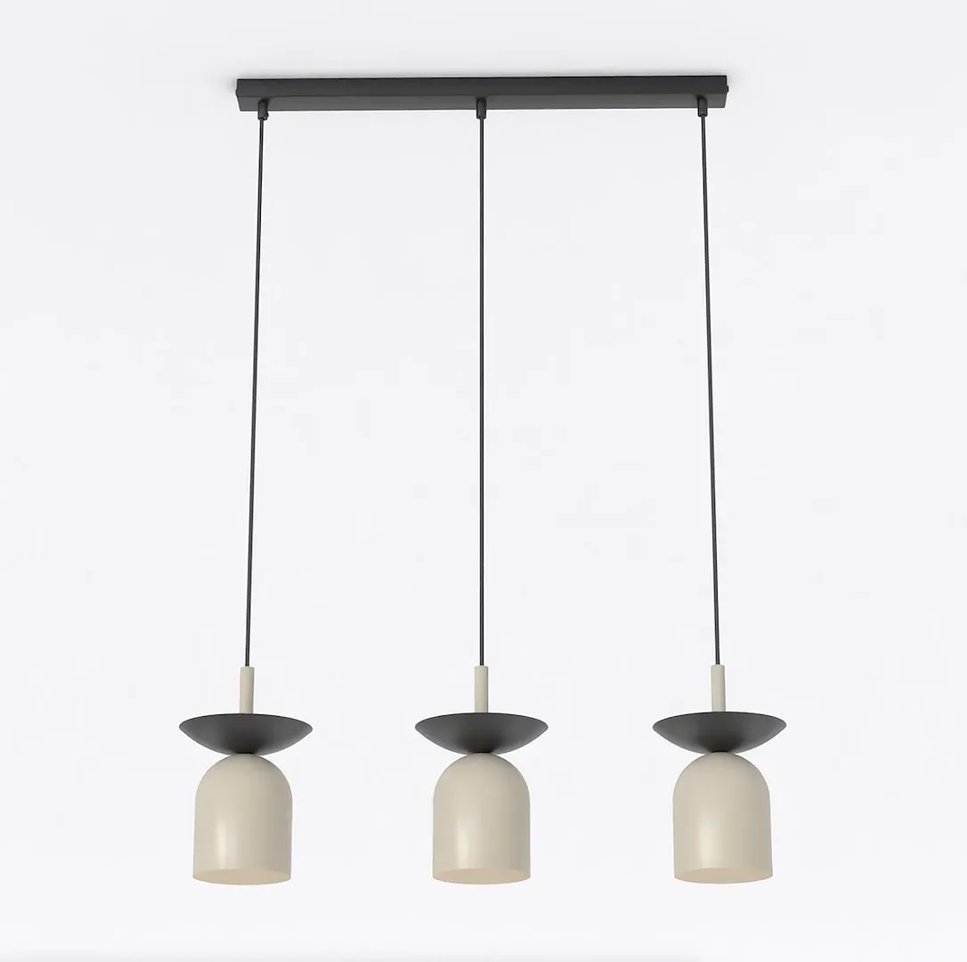 image lampa wisząca, trzypunkowa lampa, szara czarna lampa, metal, korpus szklany