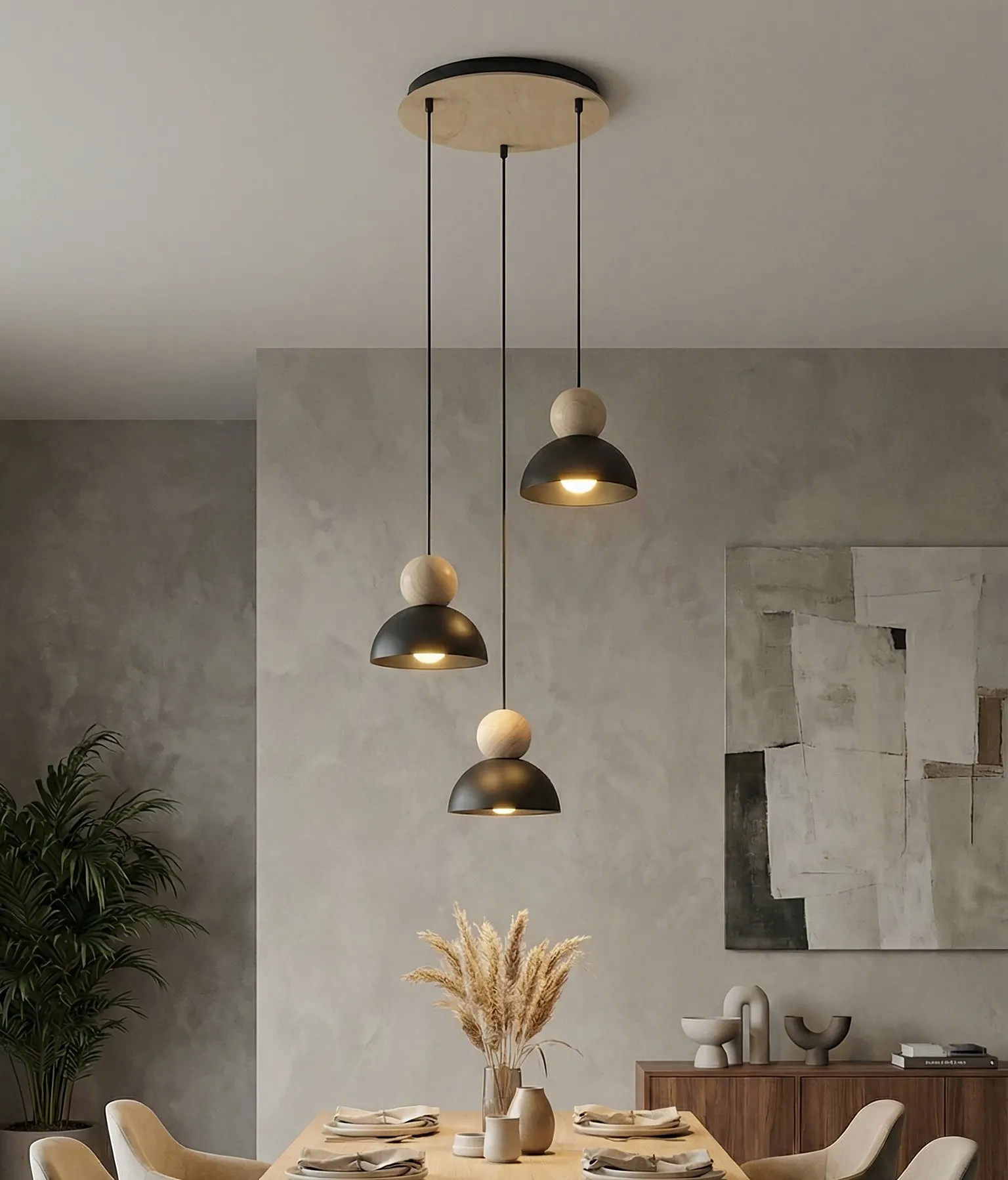 lampa wisząca, metalowa lampa, kolor czarny, drewniane elementy, jadalnia