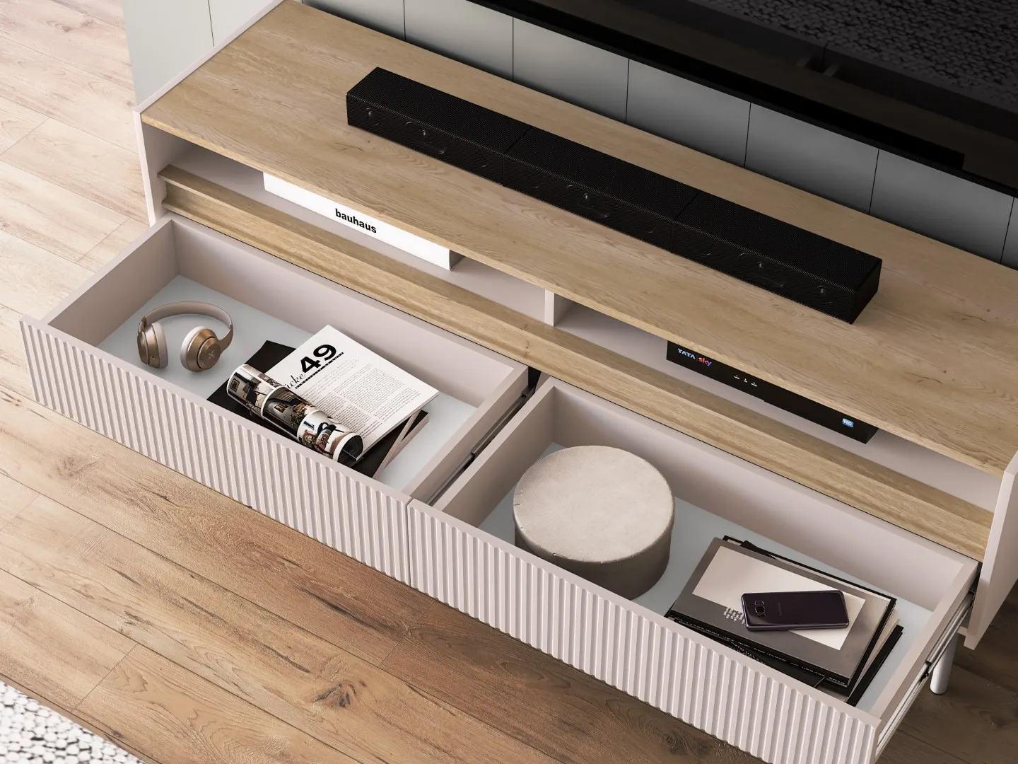 Szafka RTV z szufladami DUNEA 154x55 ryflowana kaszmir - dąb cremona - 1DUNE07-001