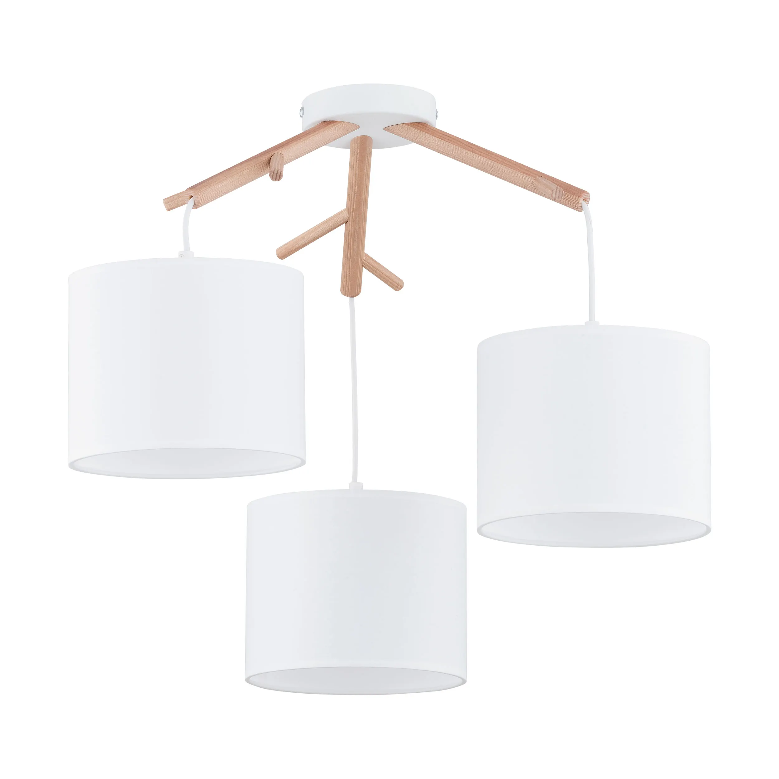 Lampa wisząca ALBERO biała z drewnianym jasnymi elementami okrągłe klosze z tkaniny 58x52cm