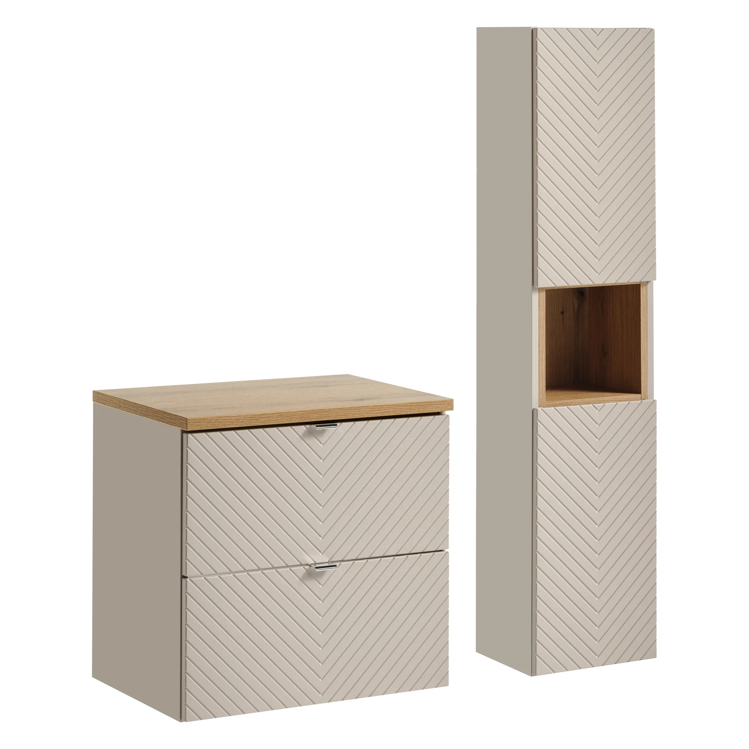 Zestaw meblowy SET-VIC Oak ( szafka z 2 szufladami 60cm + blat + szafka wysoka ) kaszmirowy, efekt drewna