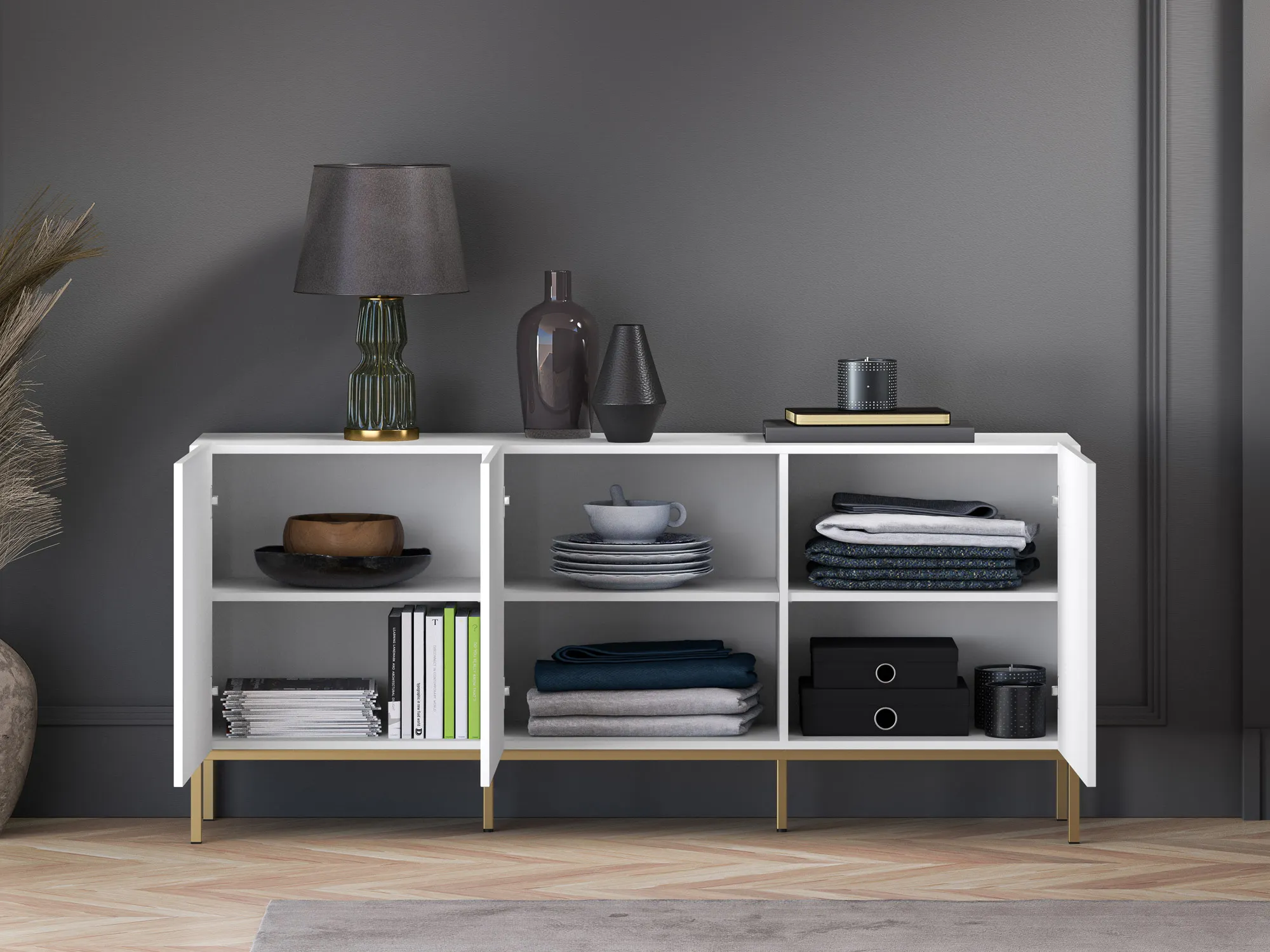 Komoda 3-drzwiowa CLEARING 02 biały alpejski, podstawa-złoty - 1CLEA02-001-03