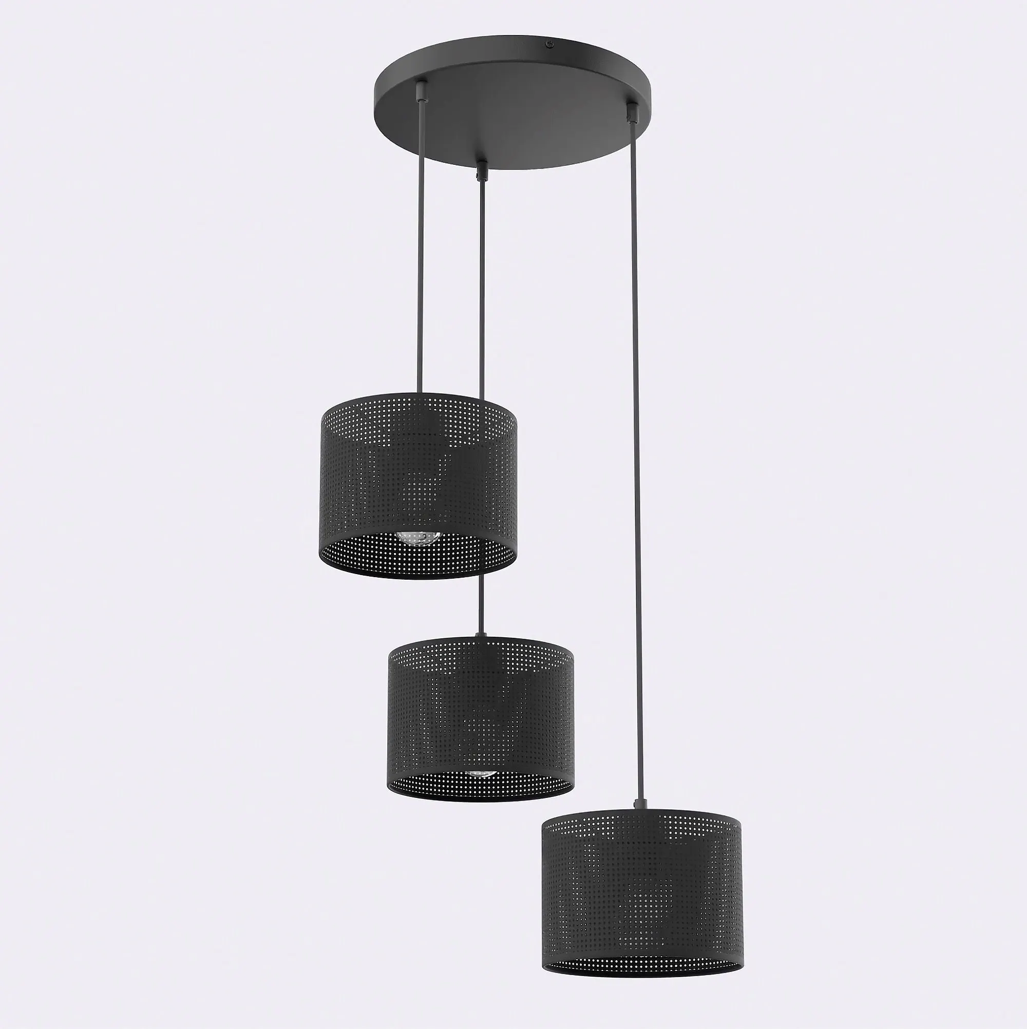 image lampa wisząca, trzy korpusy, czarna, metal, perforowana