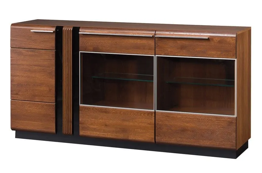 Komoda z witryną PORTI 48 3-drzwiowa drewniana dąb antyczny czarna 180x90x42cm Komoda z witryną PORTI 48 3-drzwiowa drewniana dąb antyczny czarna 180x90x42cm