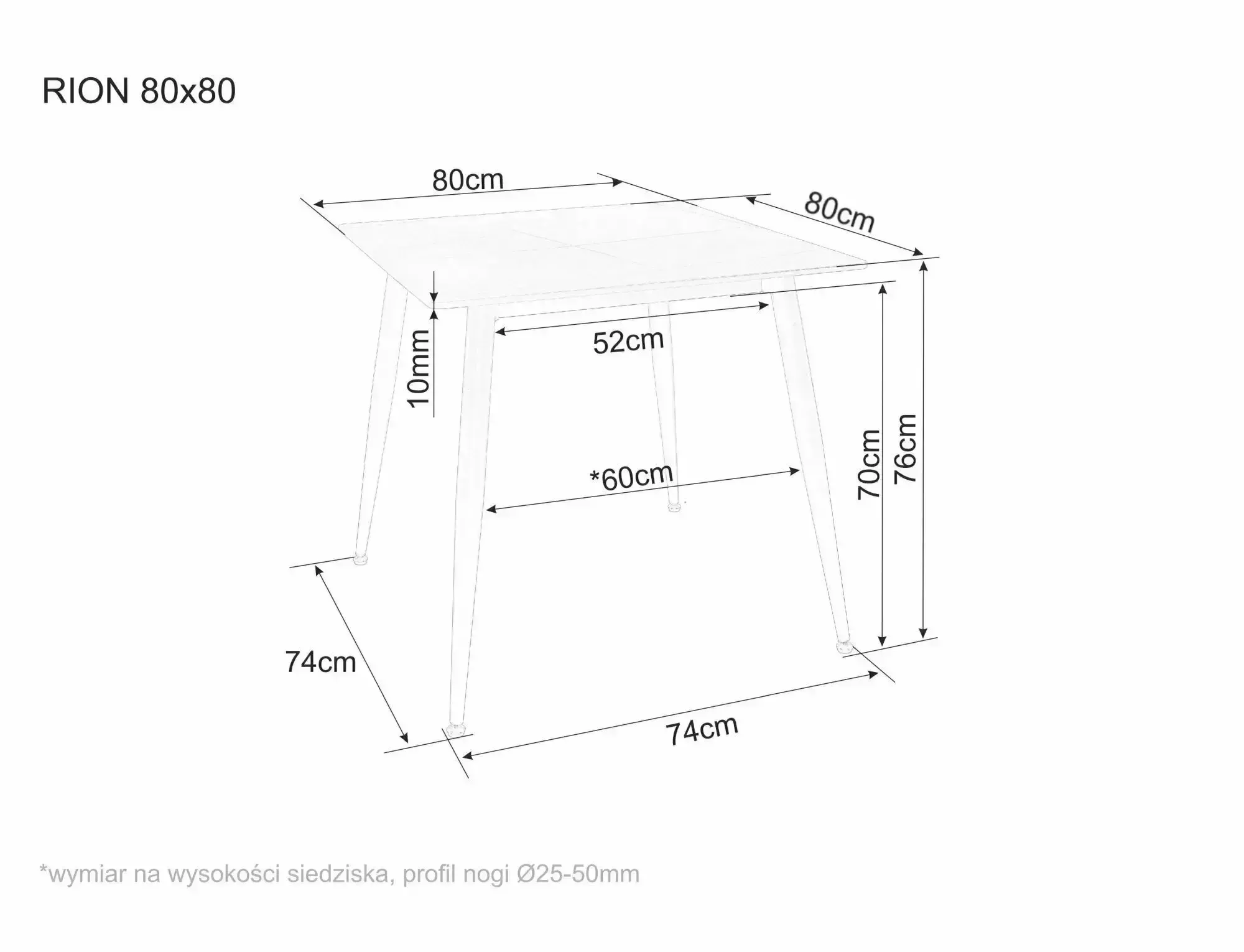 image stół, blat, kolor transparentny, drewniane nogi, wymiary 80x80 cm