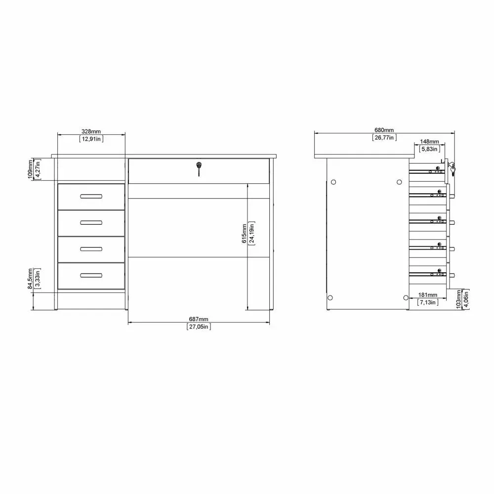 Biurko z 5 szufladami (1 zamykana na klucz) FUNCTION PLUS 110 cm dąb - TV_80163AKAK