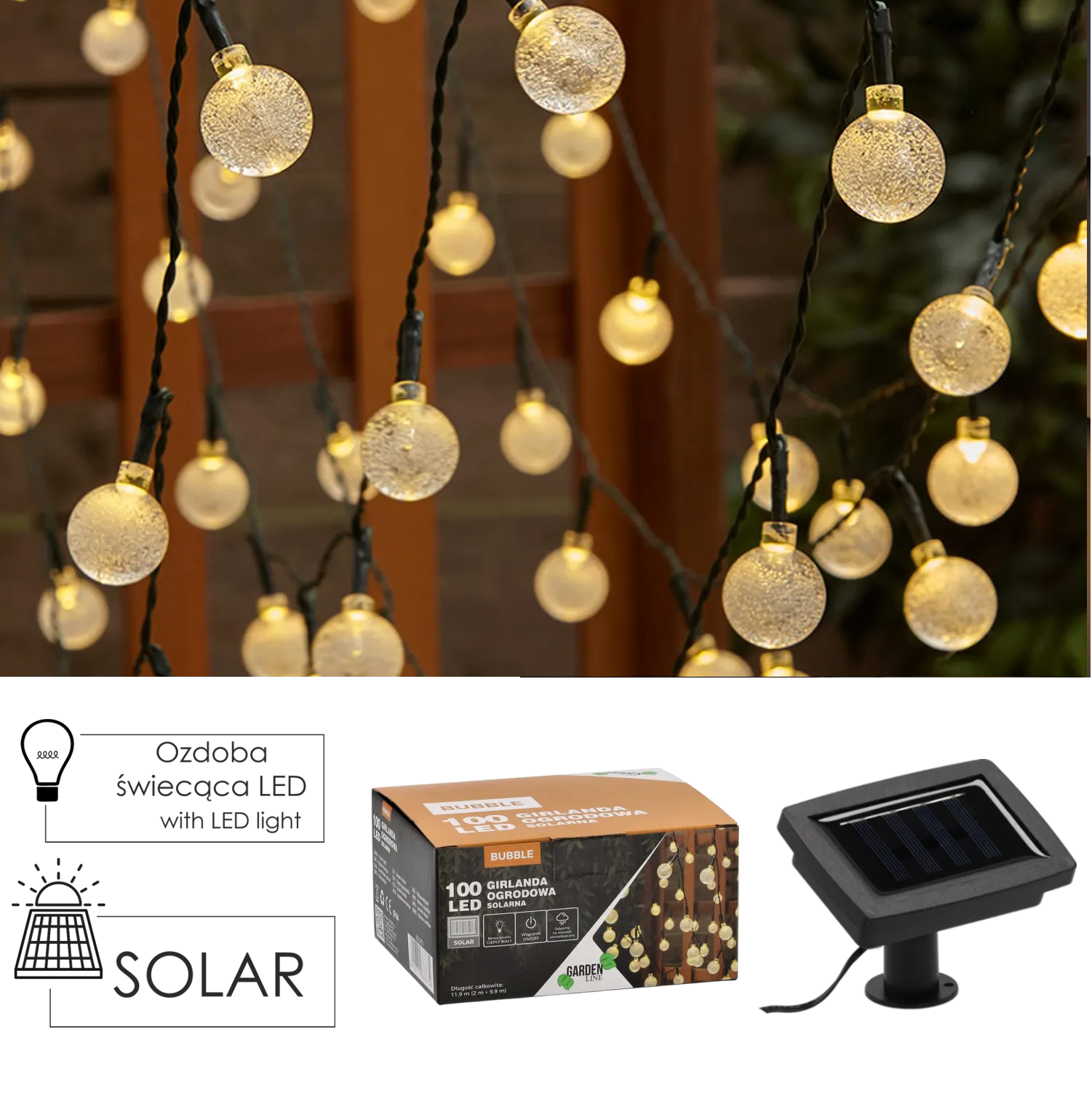 Girlanda ogrodowa solarna BUBBLE 100 LED ciepły biały 11,9 m girlandy LED, bańkowce, ogrodowe oświetlenie, solarne, komplet LED prison