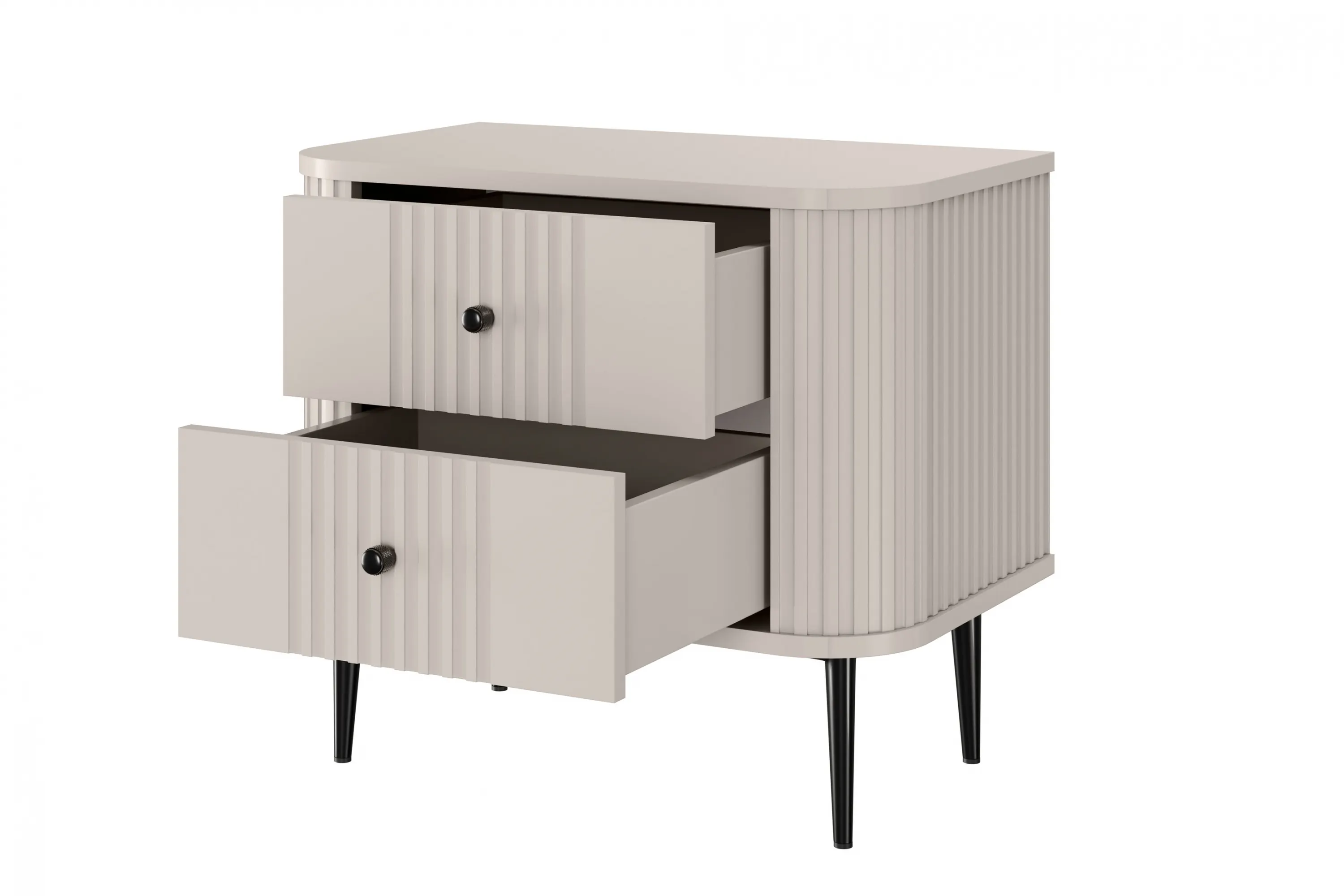 Szafka nocna z 2 szufladami VESPER 56 zestaw 2 sztuk ryflowany front cashmere czarne nogi - B_163827