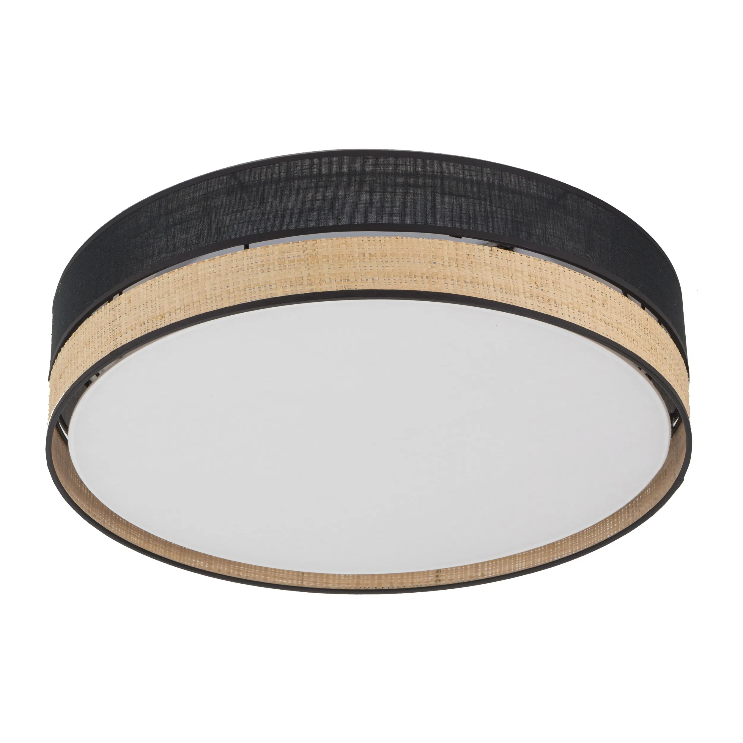 Lampa sufitowa PAGLIA czarna z elementem z tkaniny plecionki i białym kloszem okrągła 45x15cm - TK_4763