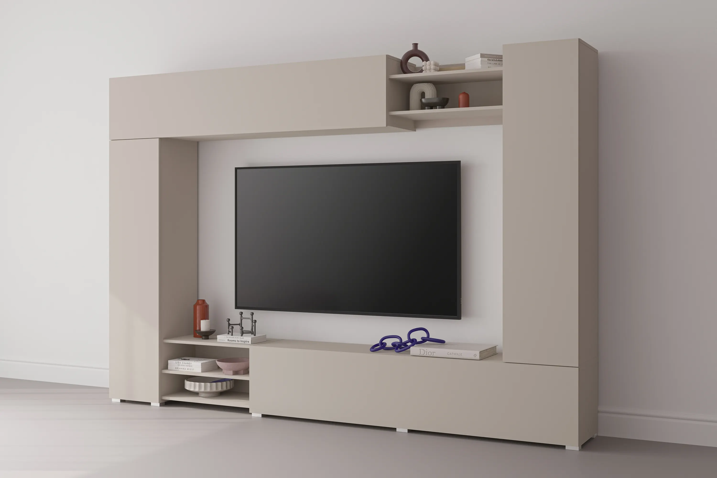 ściana TV, system meblowy, telewizor, regał z półkami, półki dekoracyjne