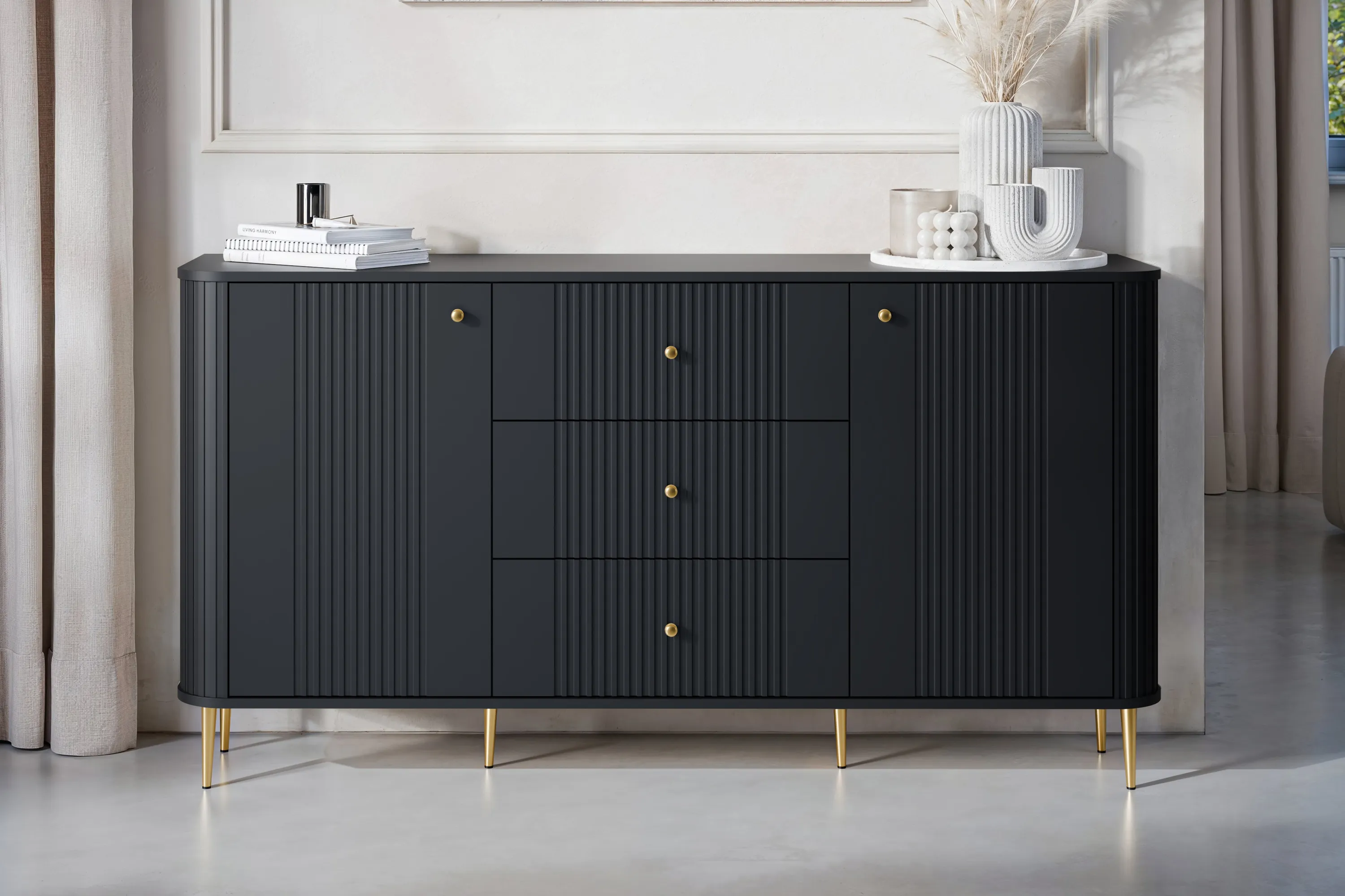 Komoda 2-drzwiowa z 3 szufladami VESPER 160 ryflowany front czarny złote nogi - B_163612