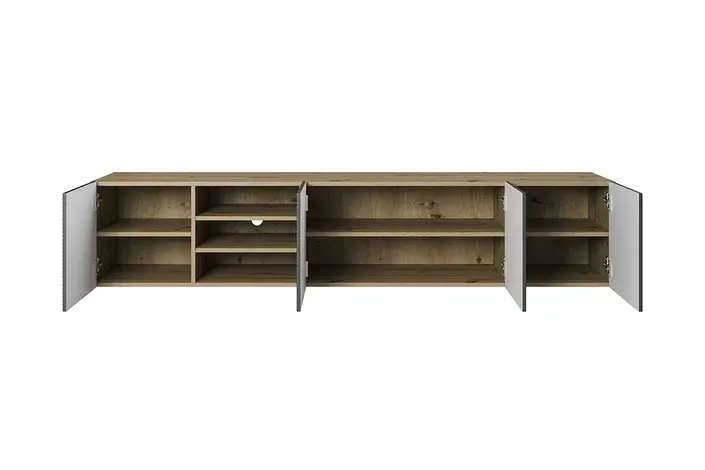 Szafka RTV ASHA 200 4D z wnęką - szara - dąb artisan - ryflowany front - wisząca - B_52284