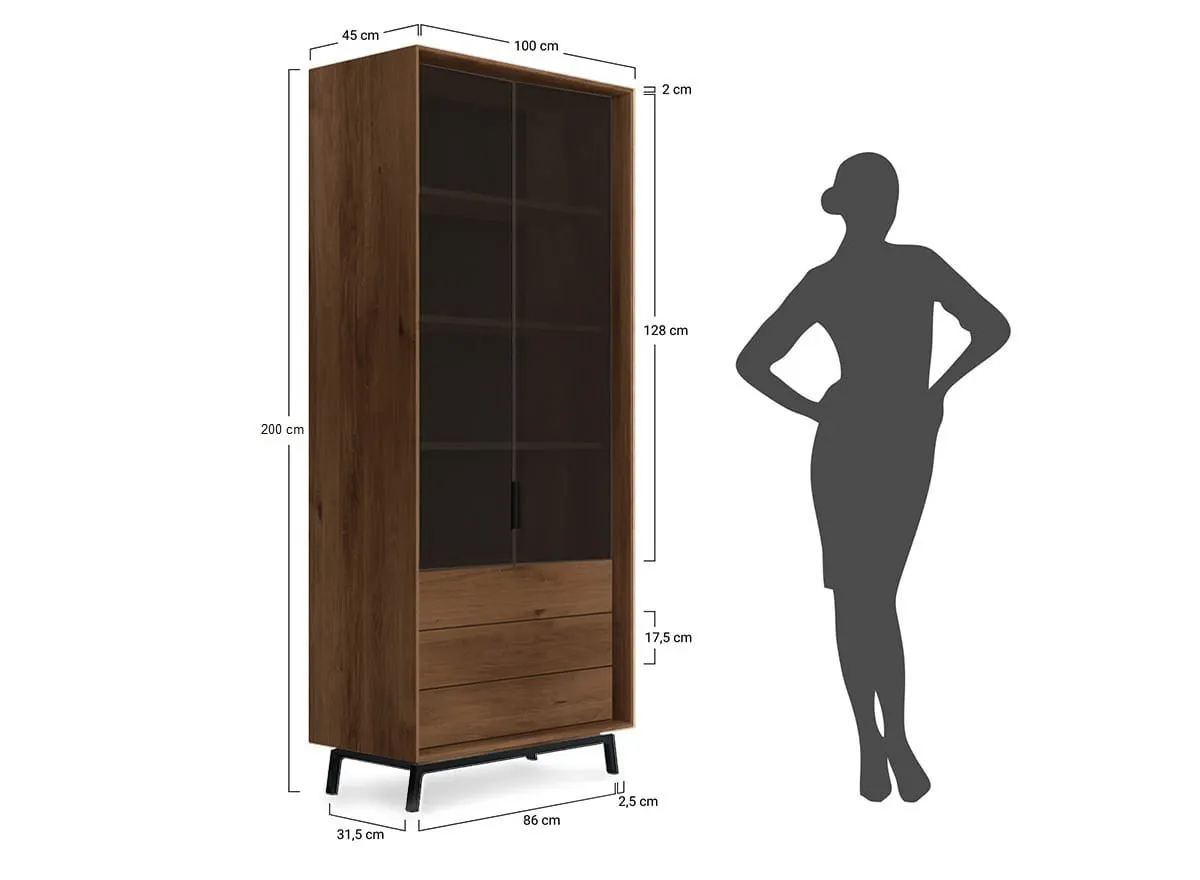 Witryna 2-drzwiowa z 3 szufladami MODERN LOFT dębowa - tabacco - PLMOL10ST